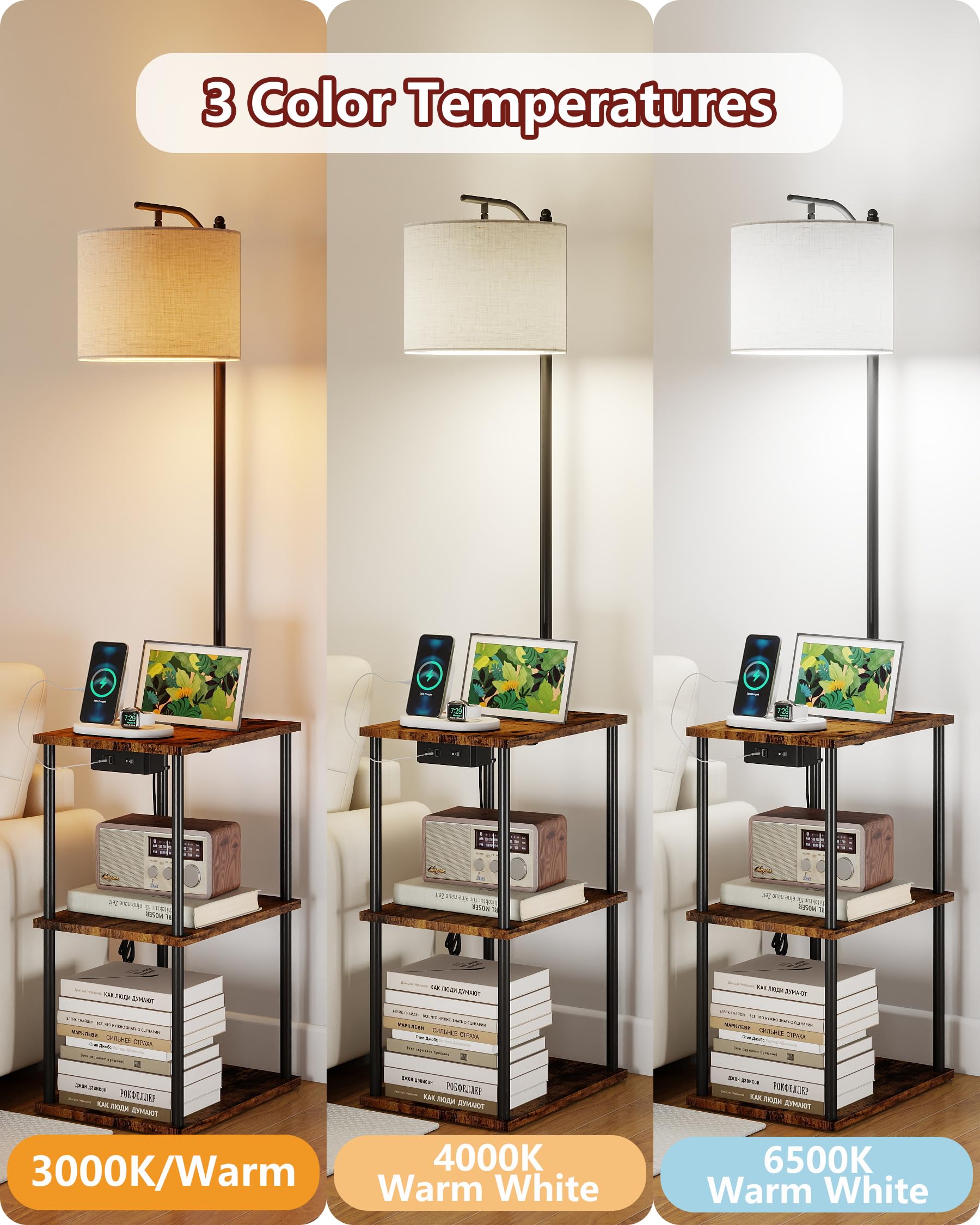Lampara de Pie con Mesita Regulable Lectura Salon Madera Negra, Lamparas de Pie Para Salon con puertos USB y Taye - C, Floor Lamp for Living Room multifuncionales y modernas
