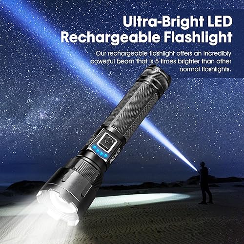Miniatura 7 de RECHOO Linternas recargables de alto lúmenes, linternas tácticas de 1000 lúmenes, linterna LED súper brillante con 5 modos y zoom, luz de flash