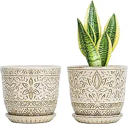 Gepege Vaso de cerâmica branca de 15 cm, vaso de plantas com orifícios de drenagem e pires para plantas de interior, aniversário para mulheres e mães