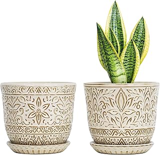 Gepege 6 Inch White Ceramic Planter, Plant Pot with Drainage Holes and S...