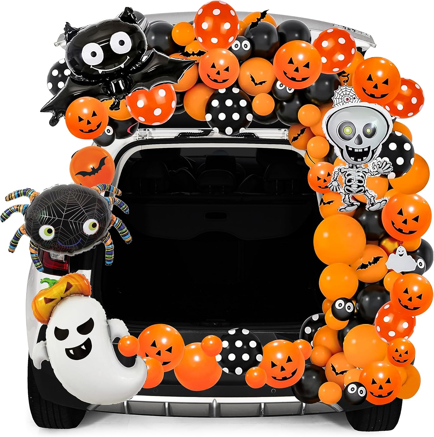 JOYIN Halloween Trunk Or Treat Car Decorations Kit for SUV Halloween Decor Outdoor Bat Ghost Spider Skeleton Pumpkin Balloons, Stickers Haunted House Door Archway Entryway Foil Dot Glue