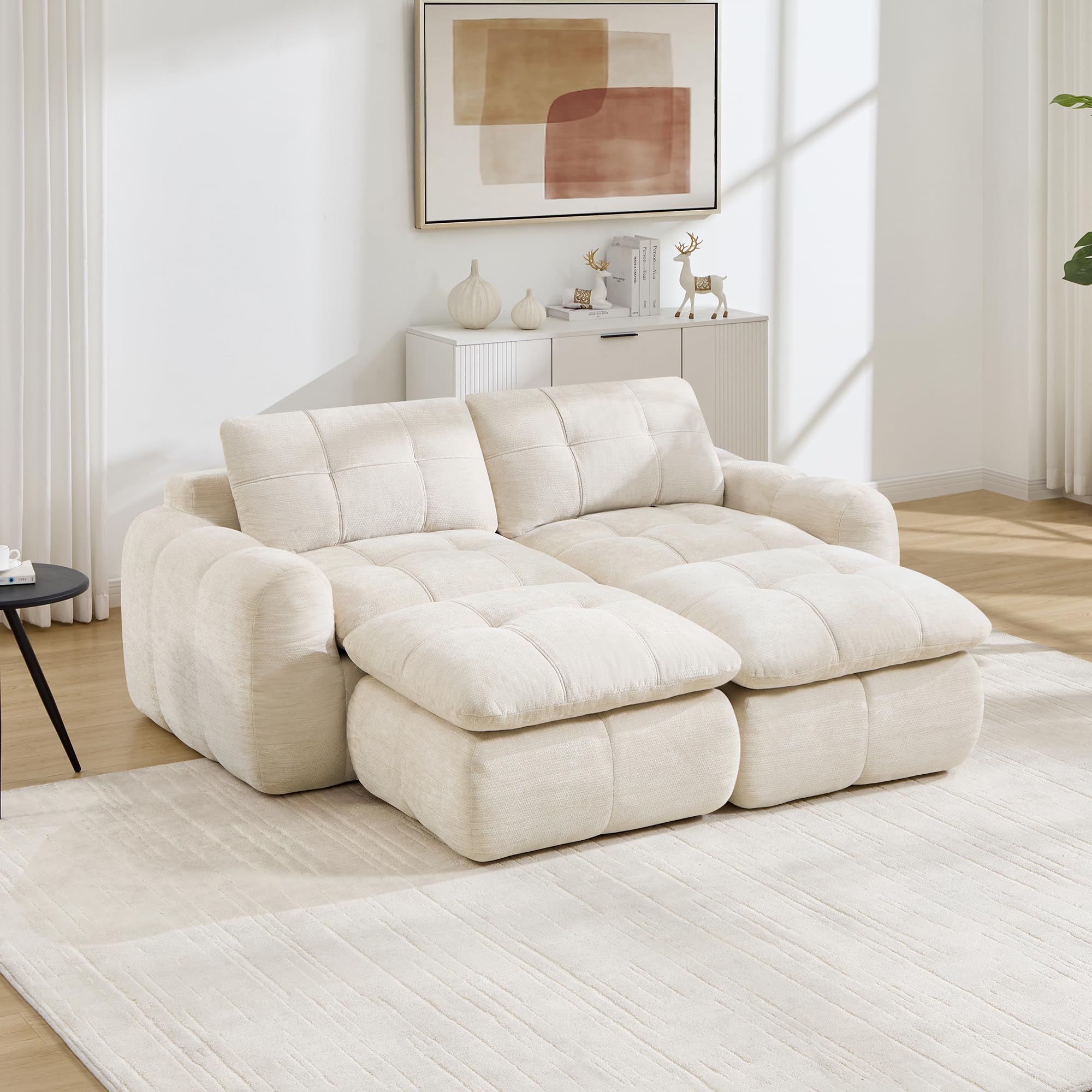 Divano 2 posti con 2 sgabelli in ciniglia beige