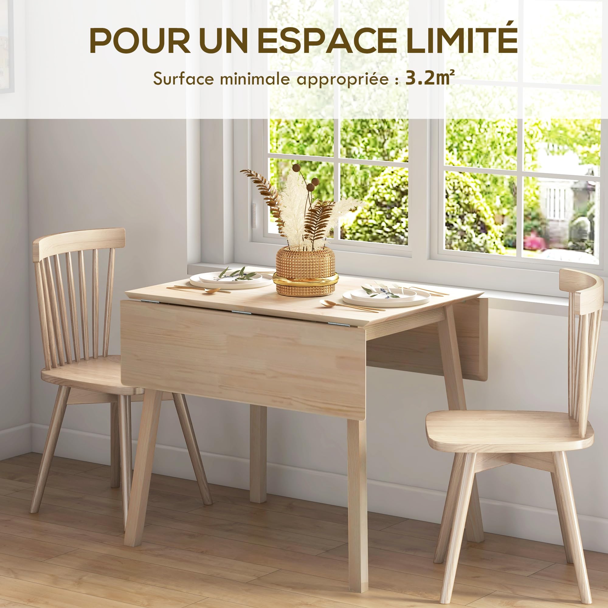 HOMCOM Table de Cuisine Pliable Table à Manger Pliante avec Plateau Rabattable en Bois pour 2 à 4 Personnes, Bois Naturel