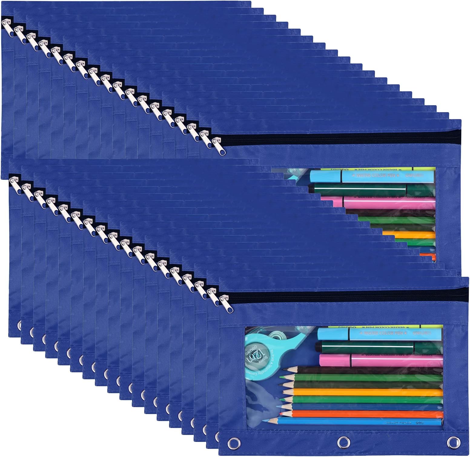 LaOficina50 Packs Wholesale 3 Ring Binder Pouches, Zippered Binder Pencil Pouch with Clear Window, Clear Pen Case Bulk Suitable for School and Office(Blue)