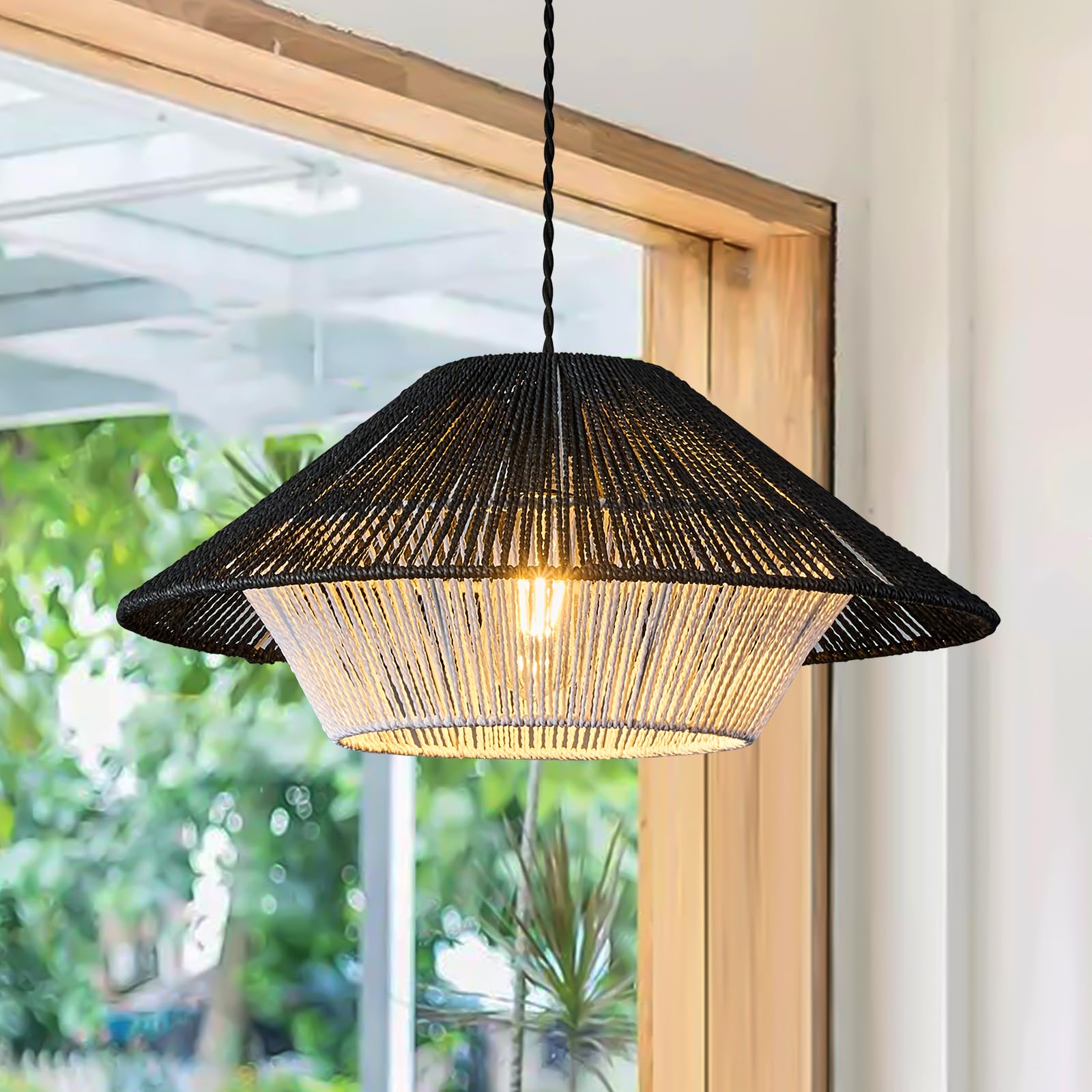 Hand Woven Rattan Pendant Light, 19.68" 1-Light Black Hemp Rope Boho Pendant Light Rustic Farmhouse Chandelier, White Rattan Light Fixture for Kitchen Island Dining Room Bedroom Entryway