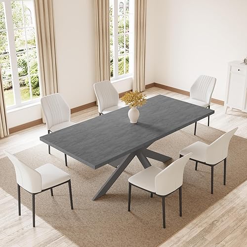 Miniatura 32 de ZckyCine Juego de mesa de comedor extensible de 6 piezas, moderna mesa de madera gris de 63 a 79 pulgadas con 6 sillas de tela gris, mesa de comedor