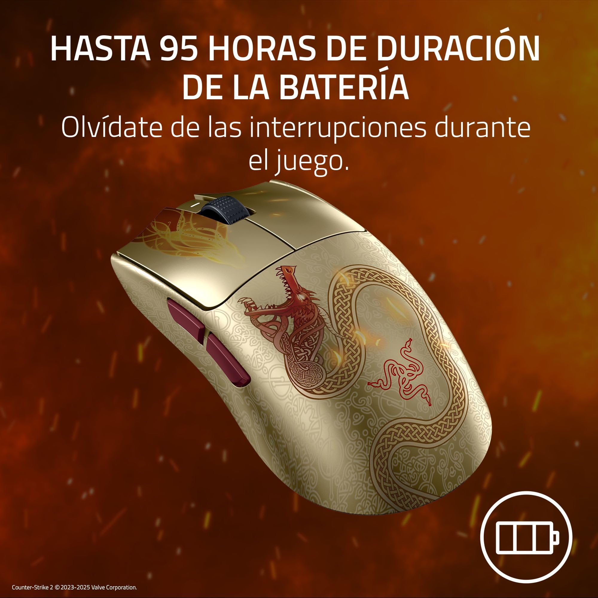 Razer Viper V3 Pro Counter-Strike 2 Dragon Lore - Ratón inalámbrico Ultraligero para Juegos Esports - 55g - HyperPolling 8K - Sensor 35K PPP - 2,4 GHz HyperSpeed - 95 Horas - PC/Mac | Dragon Lore