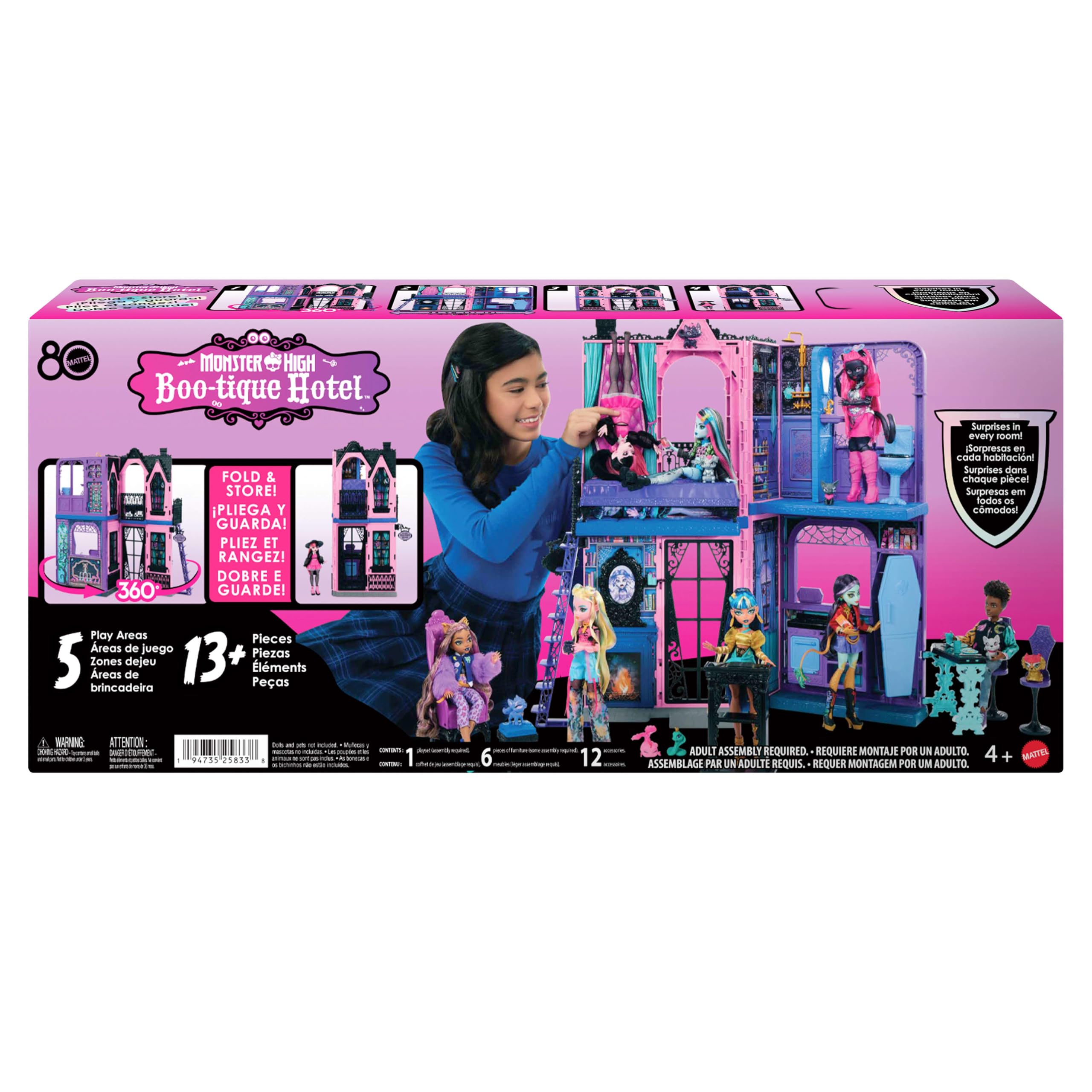 Monster High Buh-tique Hotel Puppenhaus, zusammenklappbares Spielset mit unheimlichen Überraschungen in jedem Raum und mehr als 13 Spielteilen, darunter Möbel und Zubehörteile, JBF16