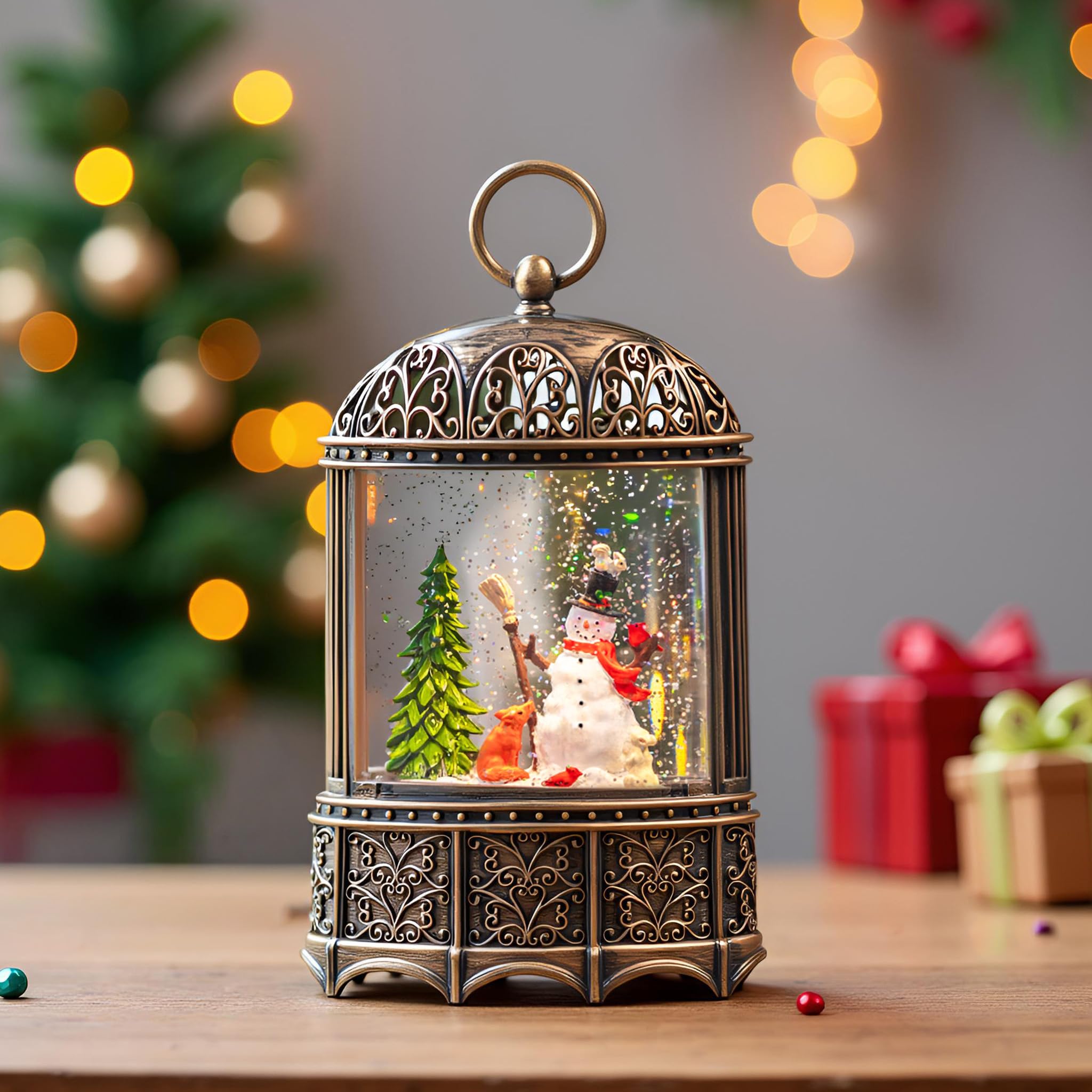Boule à neige de Noël avec oiseaux rouges, boîte à musique, décoration intérieure, minuterie/chargement USB (30,5 cm, lanterne bonhomme de neige)