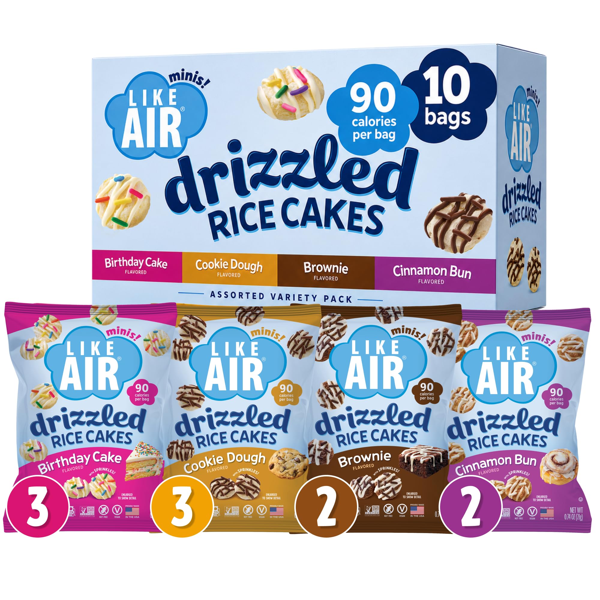 Like Air Drizzled Rice Cakes - 4 Flavor Variety Pack (10ct) Vegan/Nut-Free | 4 Flavor Snack Pack (Pack of 10) - 90 Calories Per Bag, Gluten Free Snacks For Kids, Kosher