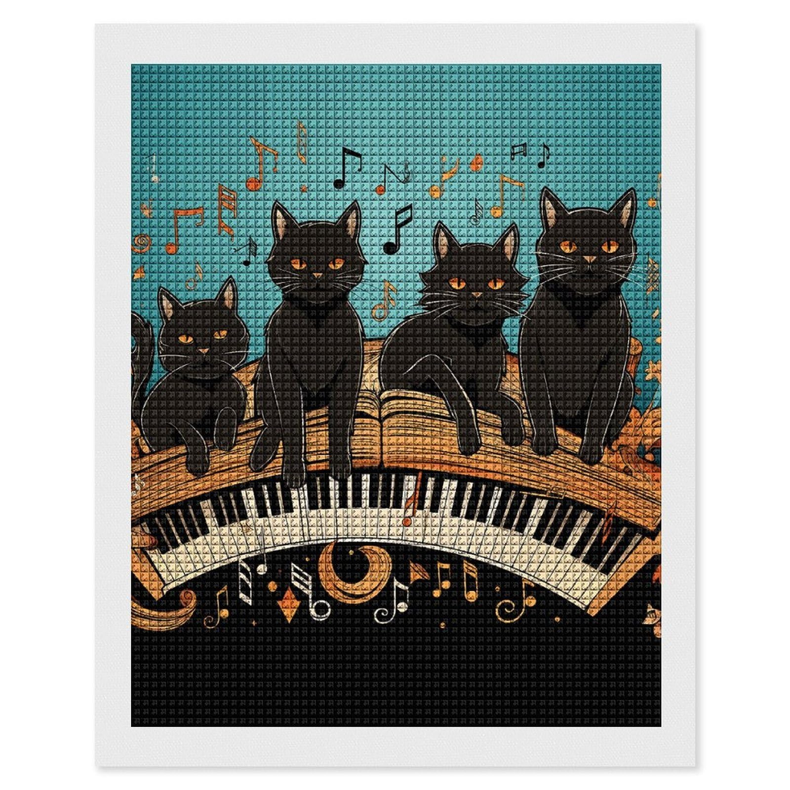 Four Black Cats Lying on The Piano Keyboard Diamond Art Kits for Adults, DIY 5D Diamonds Painting Kits for Beginner, Round Full Drill Diamond Dots Painting, 16"x20" Diamonds Pictures Gem Art And Craft