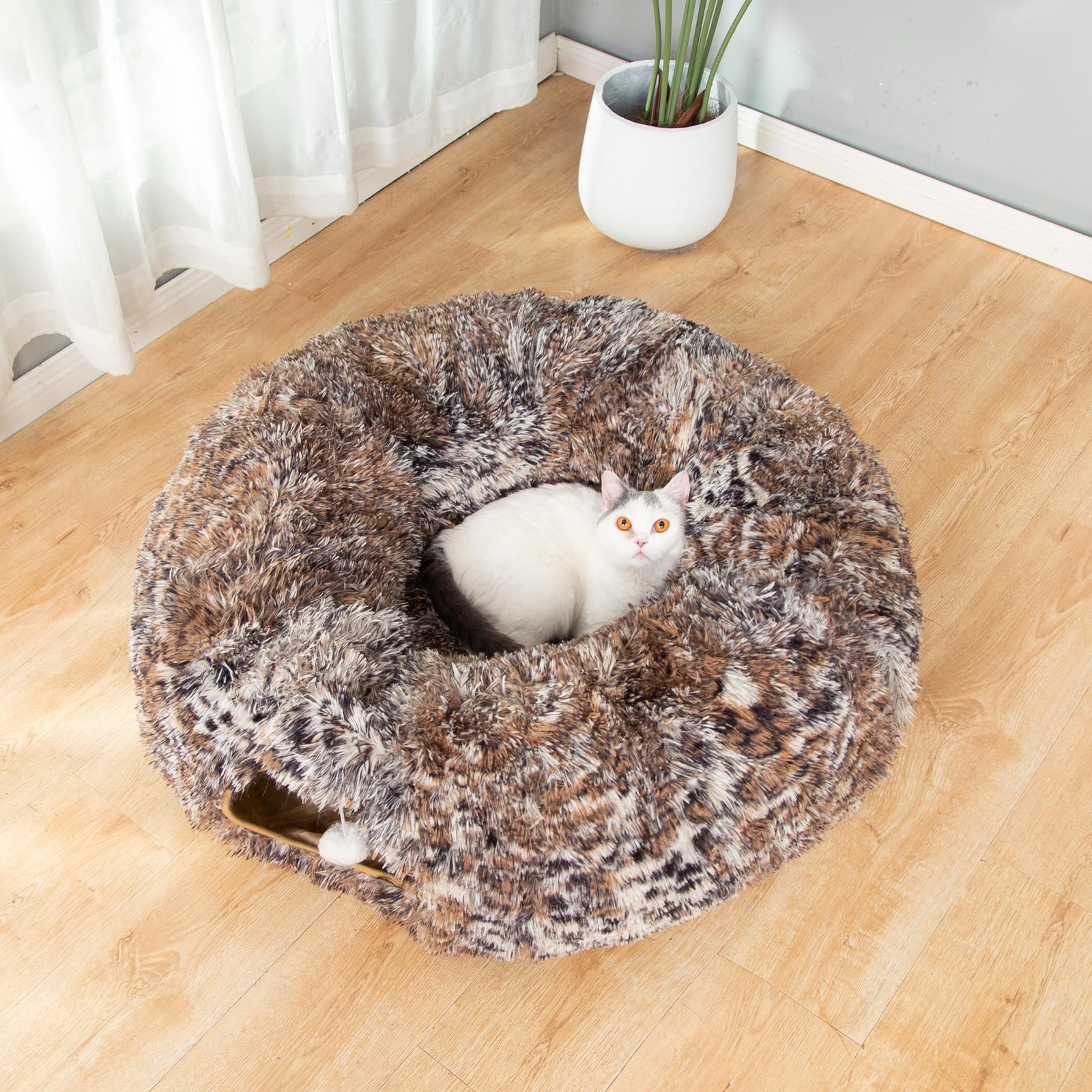 Cama tipo túnel de felpa cálida y esponjosa con cojín lavable, tubo grande, juguetes de 3 pies de diámetro, plegable, para interiores, gatos, gatitos, cachorros, conejos, hurones, leopardos