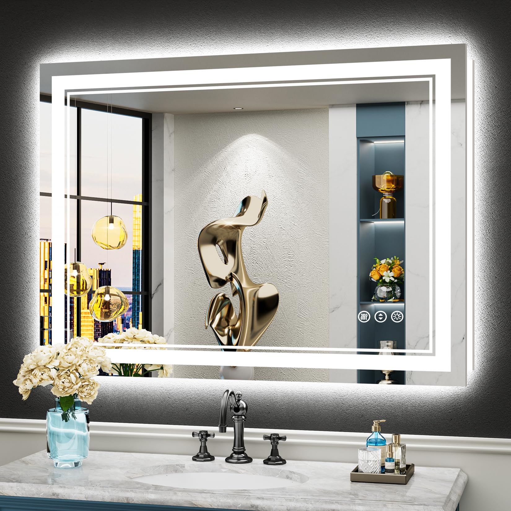 AWANDEE 40x30 LED Bathroom Mirror with Lights, Backlit + Front Lit, Anti-Fog Lighted Vanity Mirror for Bathroom Wall, 3 Colors, Dimmable, Memory, HD