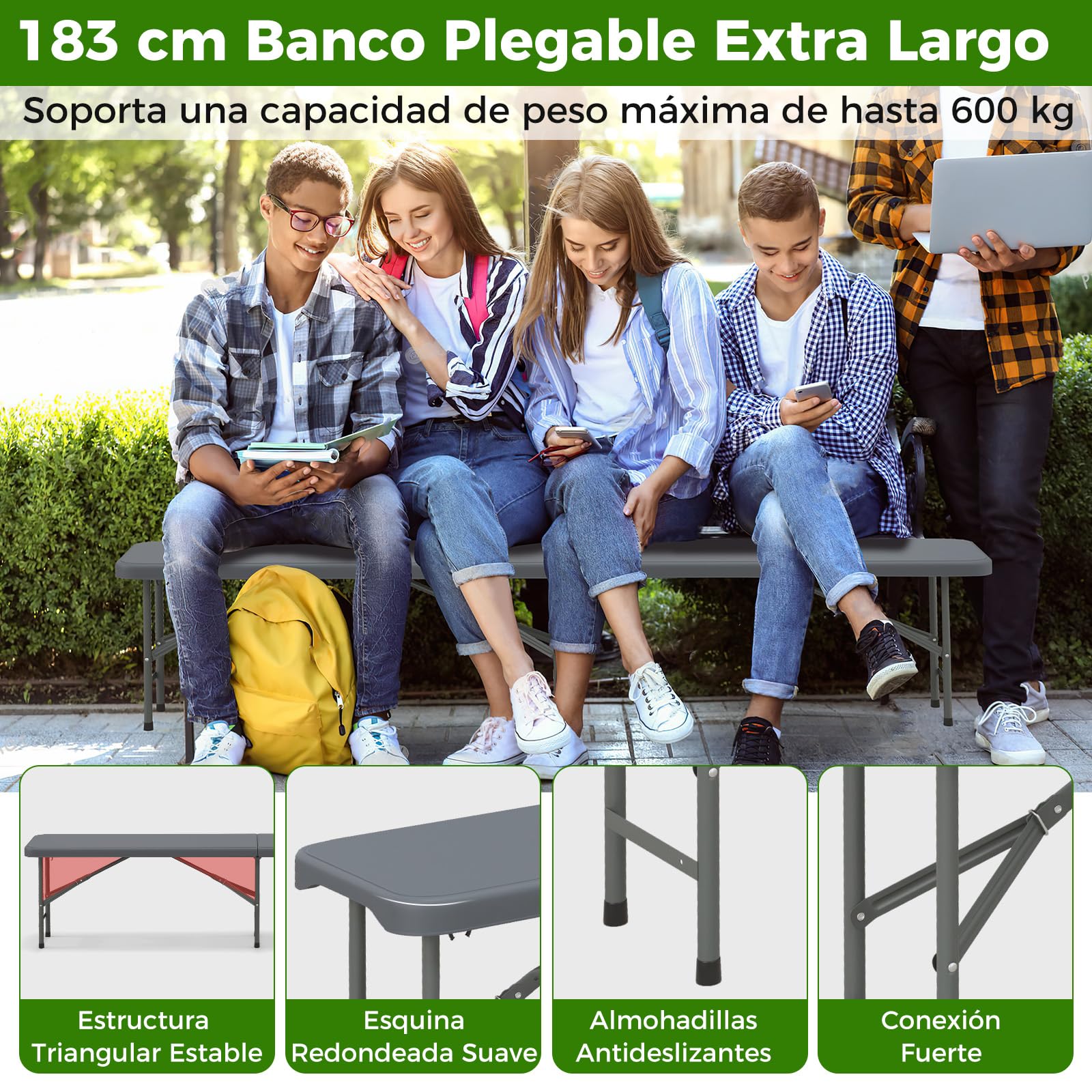 GOPLUS Banco Plegable Portátil para 4 Personas, Asiento Exterior Interior con Asa de Transporte, Banco Jardin Impermeable para Deportes Picnic Fiesta Camping Barbacoa (180x30x43 cm,Gris)