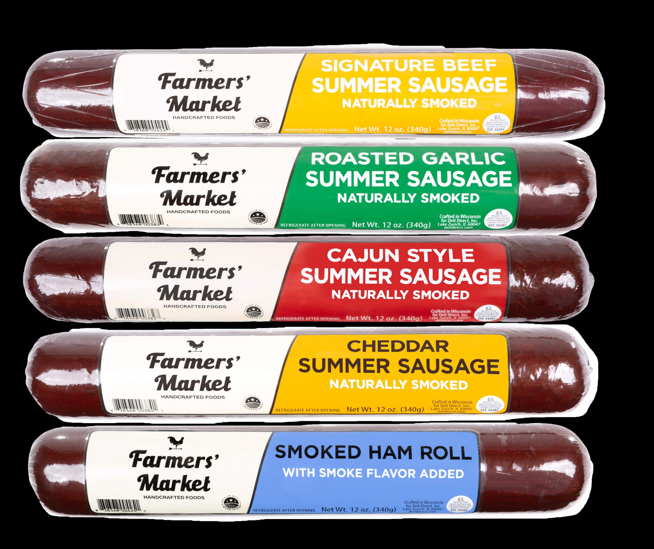 Farmers' Market Premium Summer Sausage,100% Natural Meat, Charcuterie, Hickory Smoked, Shelf Stable, Ready To Eat, High Protein, Low Carb, Keto, Gluten Free (12oz 5-Pack Variety)
