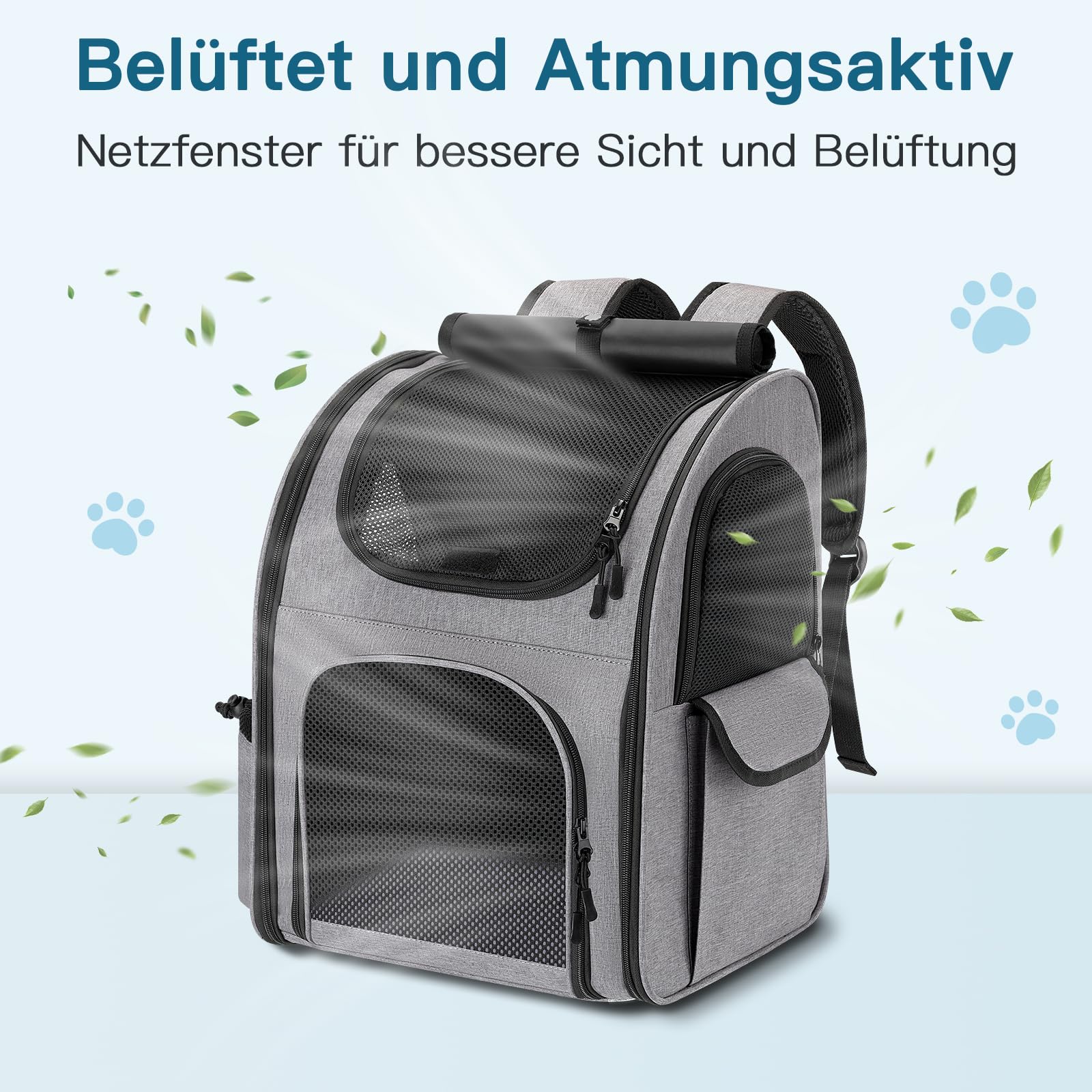 Hunderucksack bis 10kg, Haustier Rucksack mit Netzfenster, Faltbare Katzenrucksack Hunde Rucksack, Atmungsaktive und Leichte Dog Cat Backpack mit Innerer Sicherheitsleine und Haustiermatte - Grau