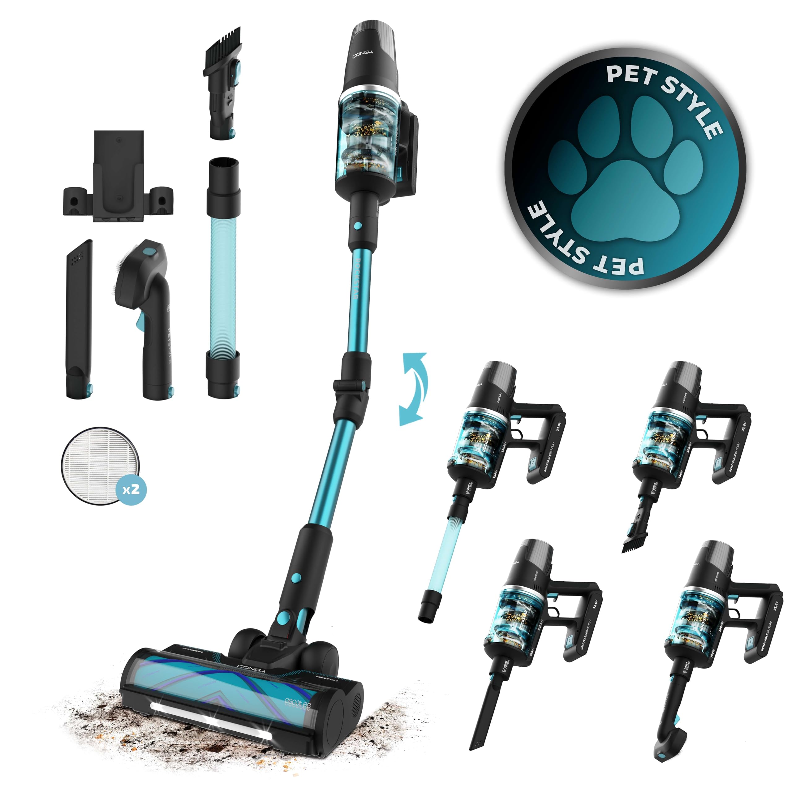 Cecotec Scopa Elettrica senza Fili Conga Rockstar RX50 Pet Flex X-Treme. 300AW, 750W, 30 kPa, Spazzola XL, Autonomia in Eco di 90 minuti, Tubo flessibile, LED e Testina per animali domestici