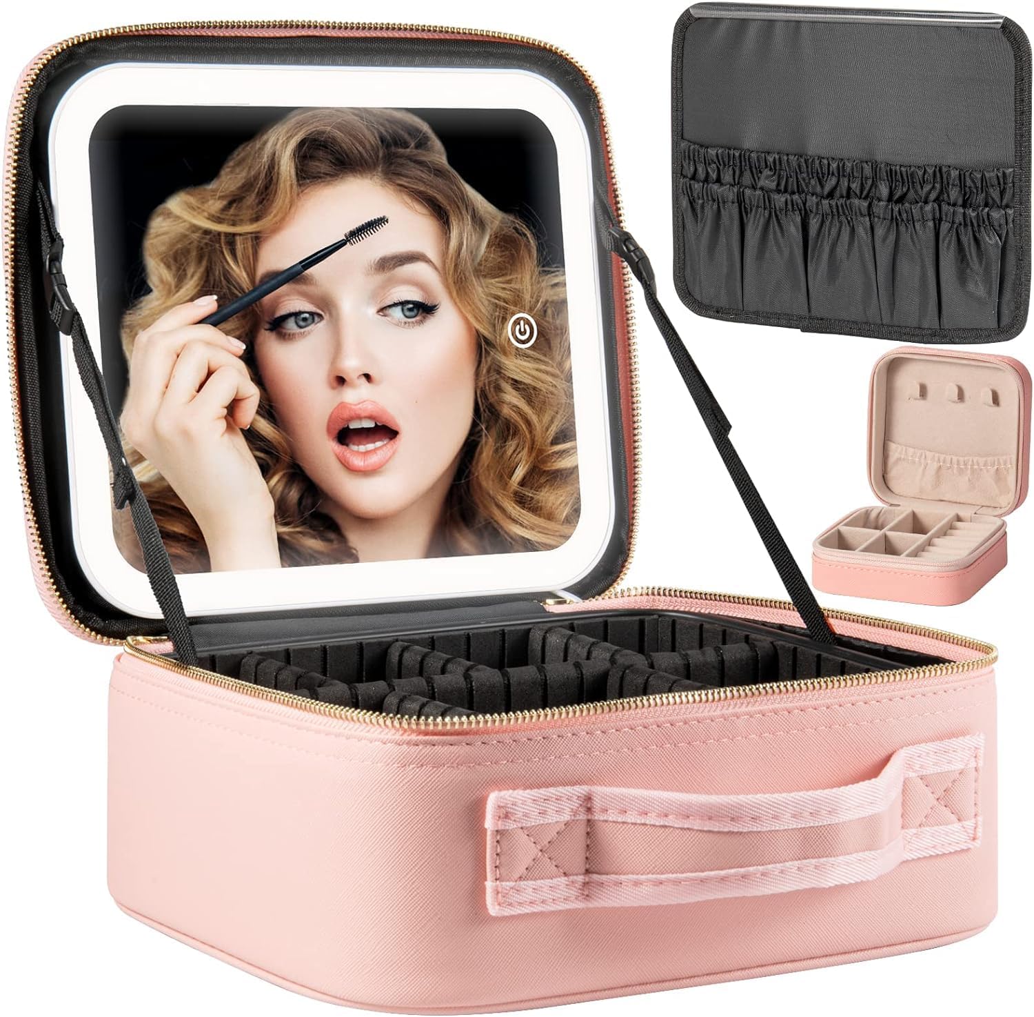 Ncry Makeup Travel Bag with, Makeup Travel Train Case with Adjustable Divider, Makeup Bag with Mirror Travel Cosmetic Bag for Makeup (Pink)