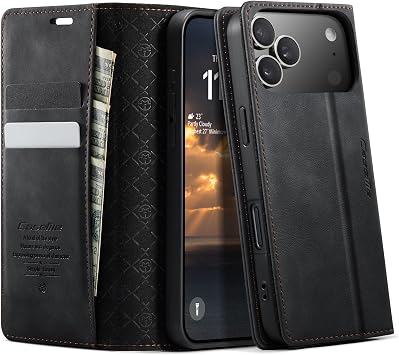 Mobile Phone Case iPhone 17 Pro Max Flip Case Premium PU Leather RFID Protective Case Foldable Stand Mobile Phone Case Leather Case Card Slot Stand Function Case for iPhone 17 Pro Max - Black
