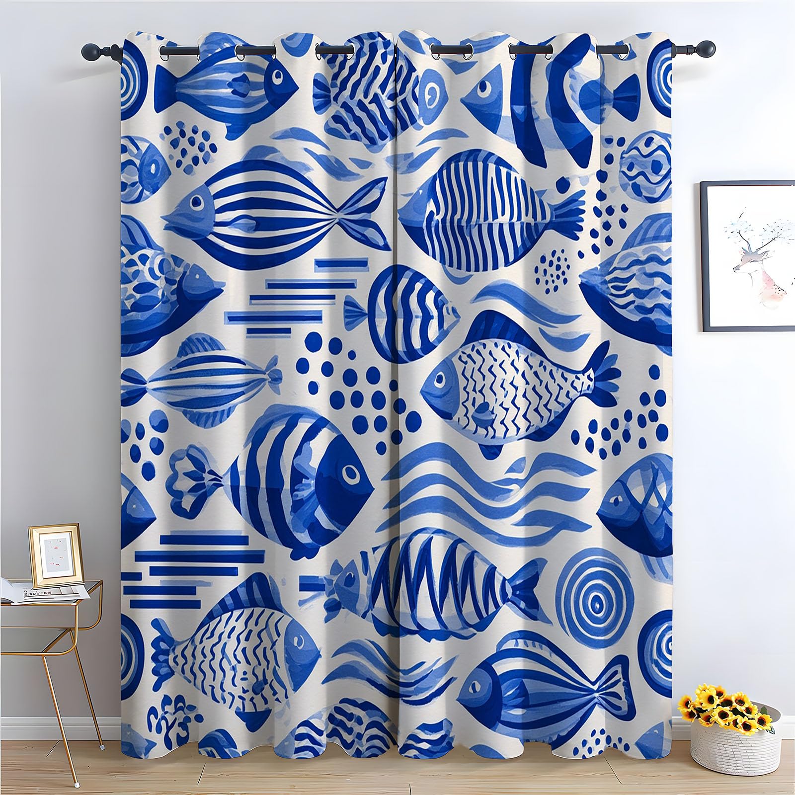 TERUEA 3D Landscape Scenery Decoration Curtains Blue fish ocean abstract Curtains Spring Garden Landscape-52 W x 90" L (Pack of 2)