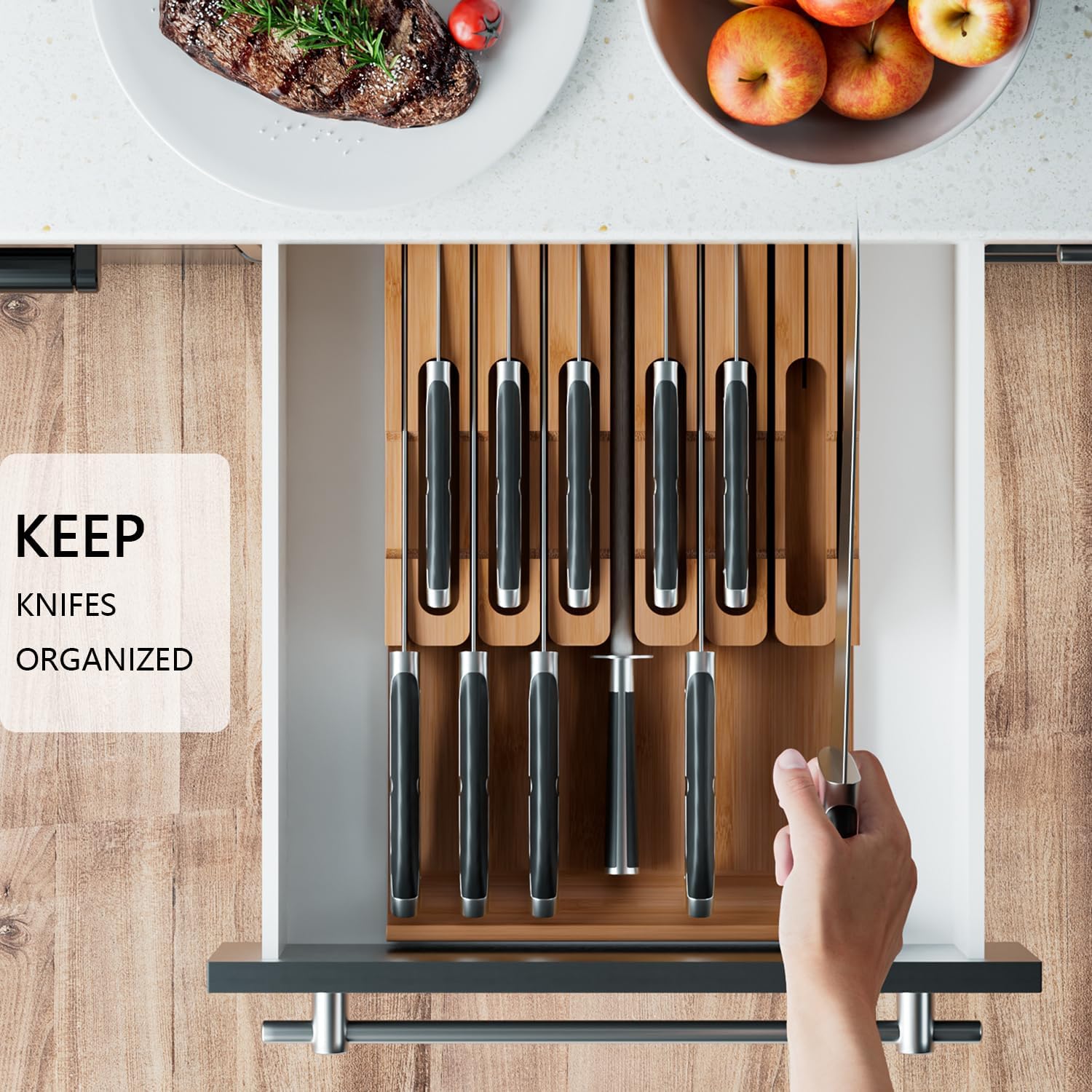 Domax Bamboo In-drawer Knife Block - Kitchen Knife Drawer Organizer Insert, Steak Knife Holder Without Knives, Drawer Knife Organizer Fits for 12 knives and 1 Sharpening Steel (Not Included), Walnut
