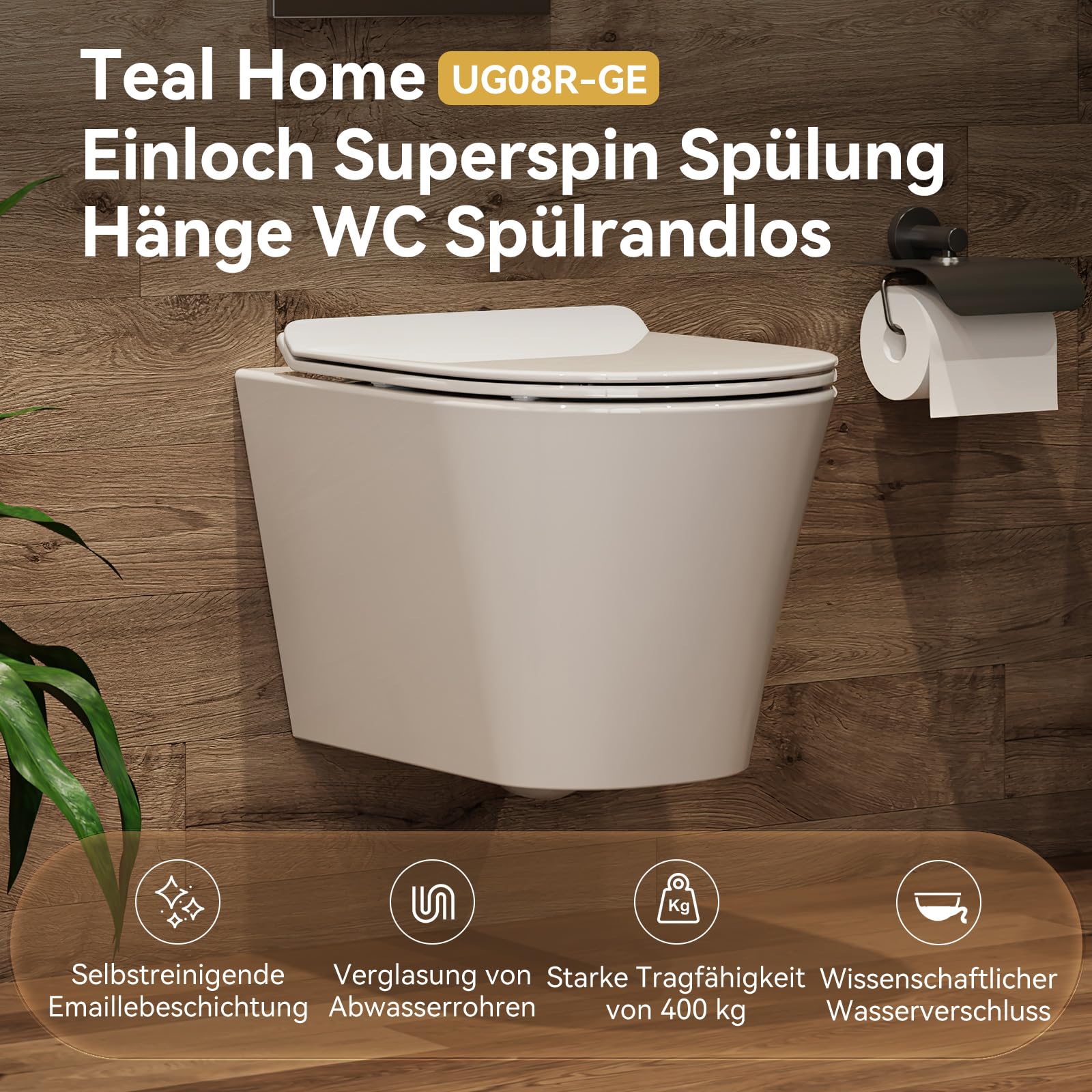 Teal Home WC sospeso da parete con coperchio per WC con abbassamento automatico – WC in ceramica con rivestimento nano – Balsamo singolo foro – 48,5 × 35,5 × 35,5 cm