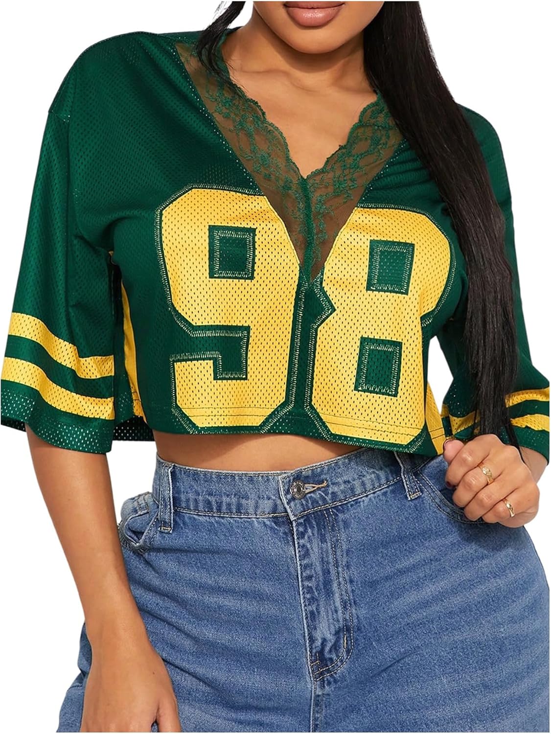 SOLY HUX Women's Number Graphic Tees Lace V Neck Half Sleeve Crop Tops Jersey Shirt Y2k Streetwear