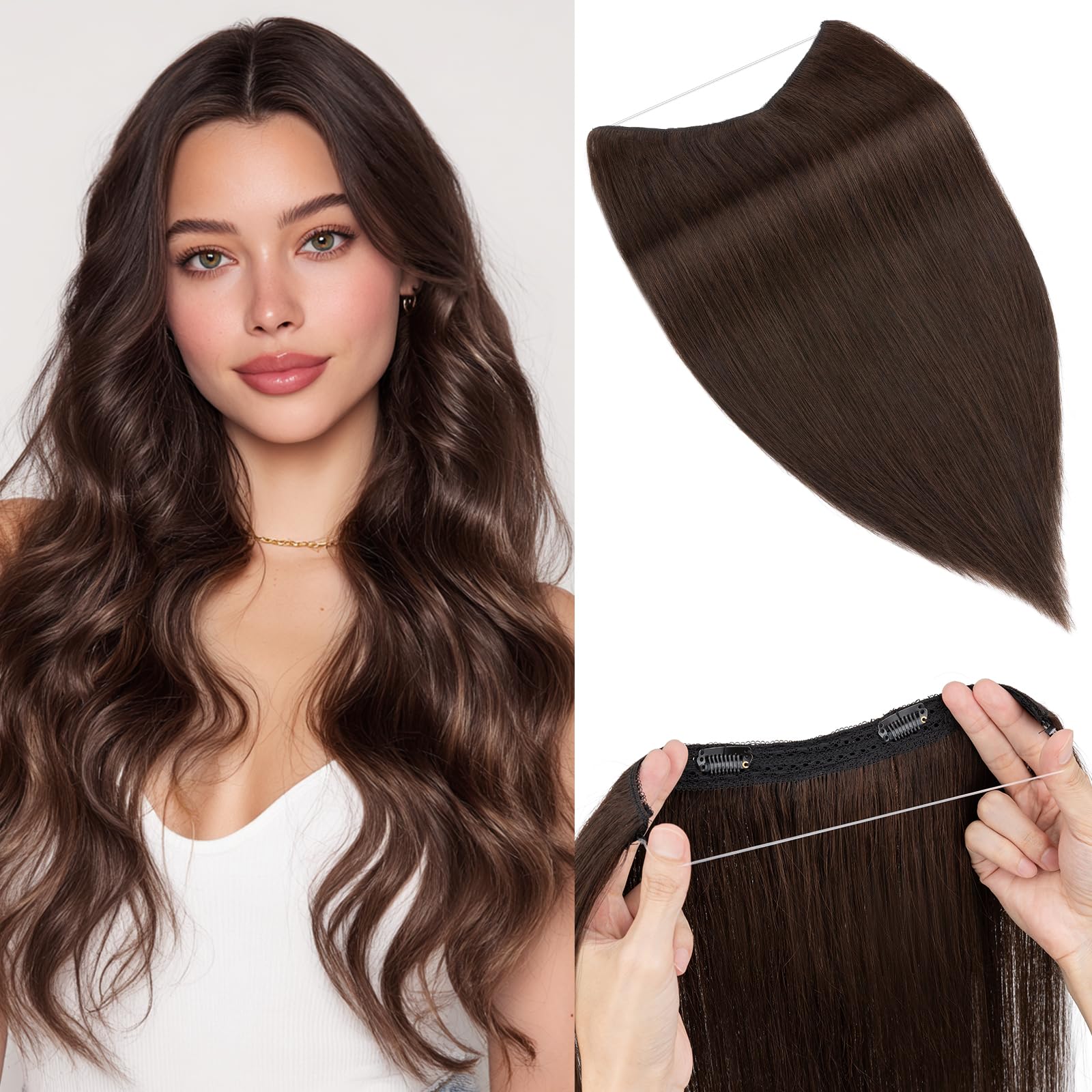 Benehair Wire Extensions Echthaar, 65g Einteilige Unsichtbare Haarverlängerungen, Verstellbares Secret Extensions Echt Haar, 18 Zoll Flip In Extension Echthaar, Dunkelbraun #2
