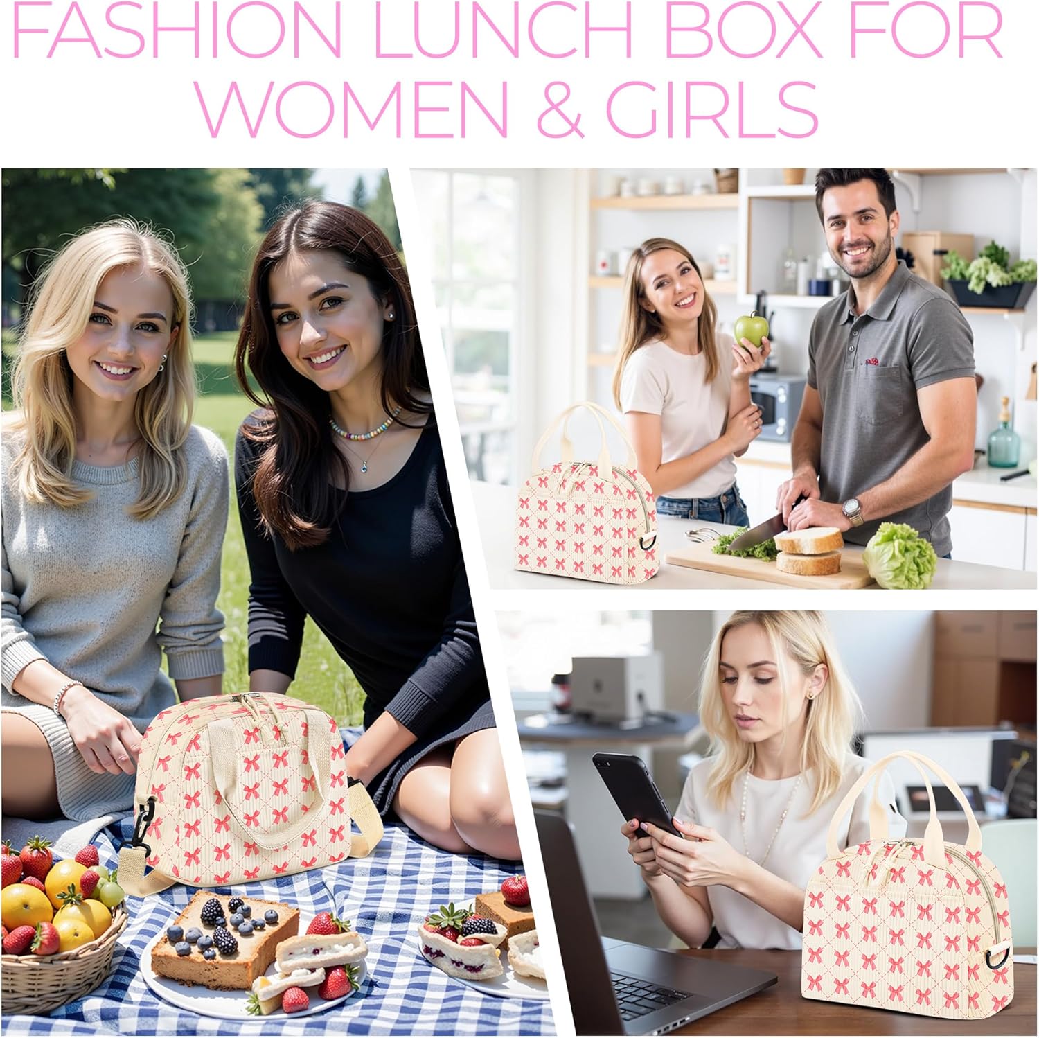 Lunch Box for Women,Lunch Bag Cute Corduroy Insulated Lunch Box With Shoulder Strap for Adult Womens for Work Picnic (pink bow) - Image 6