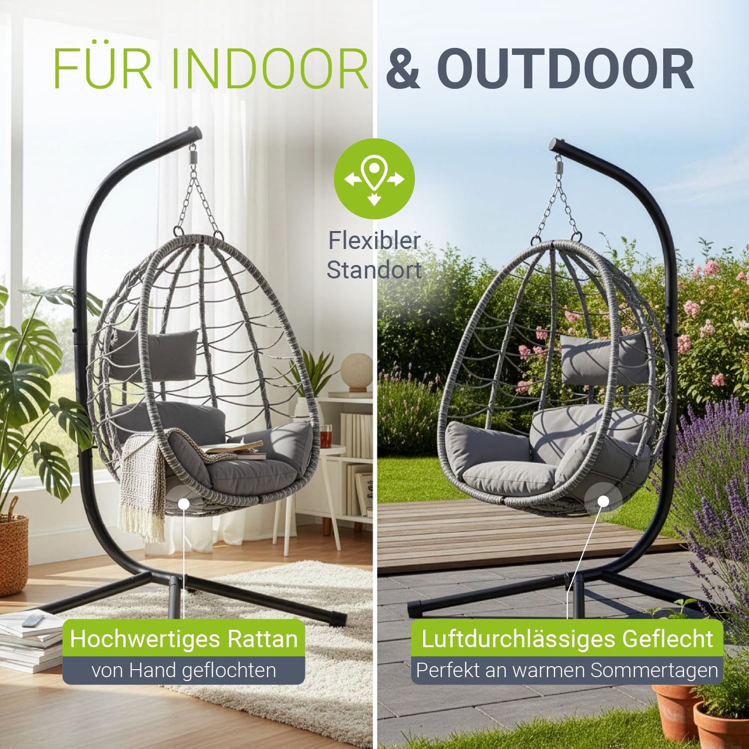 Juskys® Hängesessel Aria mit Gestell höhenverstellbar, faltbar & ergonomisch - Outdoor & Indoor - bis 130 kg - Polyrattan Korbhängesessel inkl. Kissen - Grau
