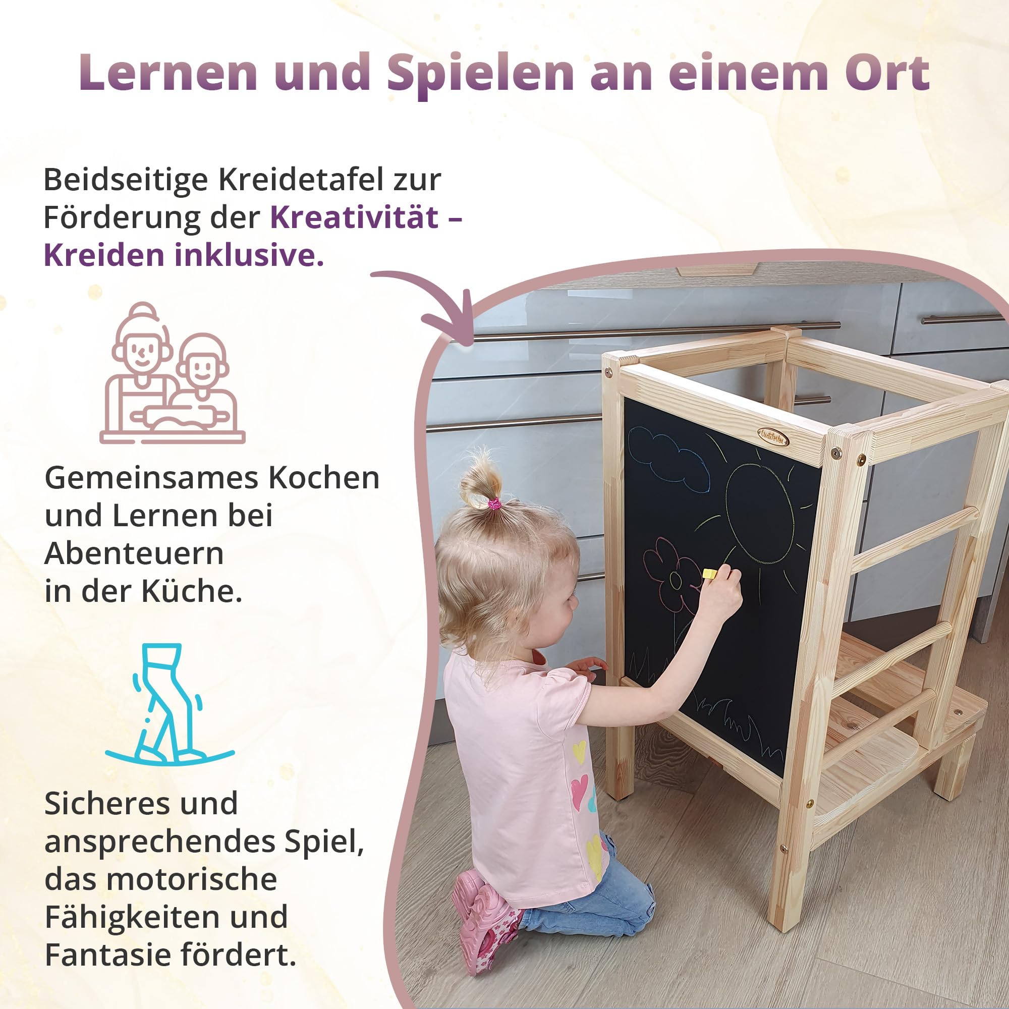 Lernturm Holz, Küchenhelfer für Kinder, Tritthocker Kinder, Trittschemel, Learning Tower, Höhenverstellbar, Massives Kiefernholz, Leicht und Mobil - 45x56x80 cm