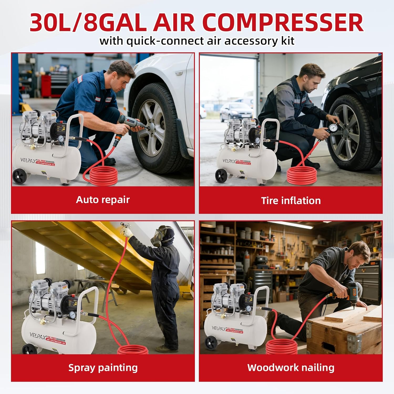 Ultra Quiet Air Compressor, Only 68dB, 8 Gallon Tank, Oil-Free, 110V/60Hz 1.75HP, 7.42CFM@115PSI, Air Compressor Perfect for Spray Painting, Auto Repair, Tire inflation, Woodwork nailing - Image 7