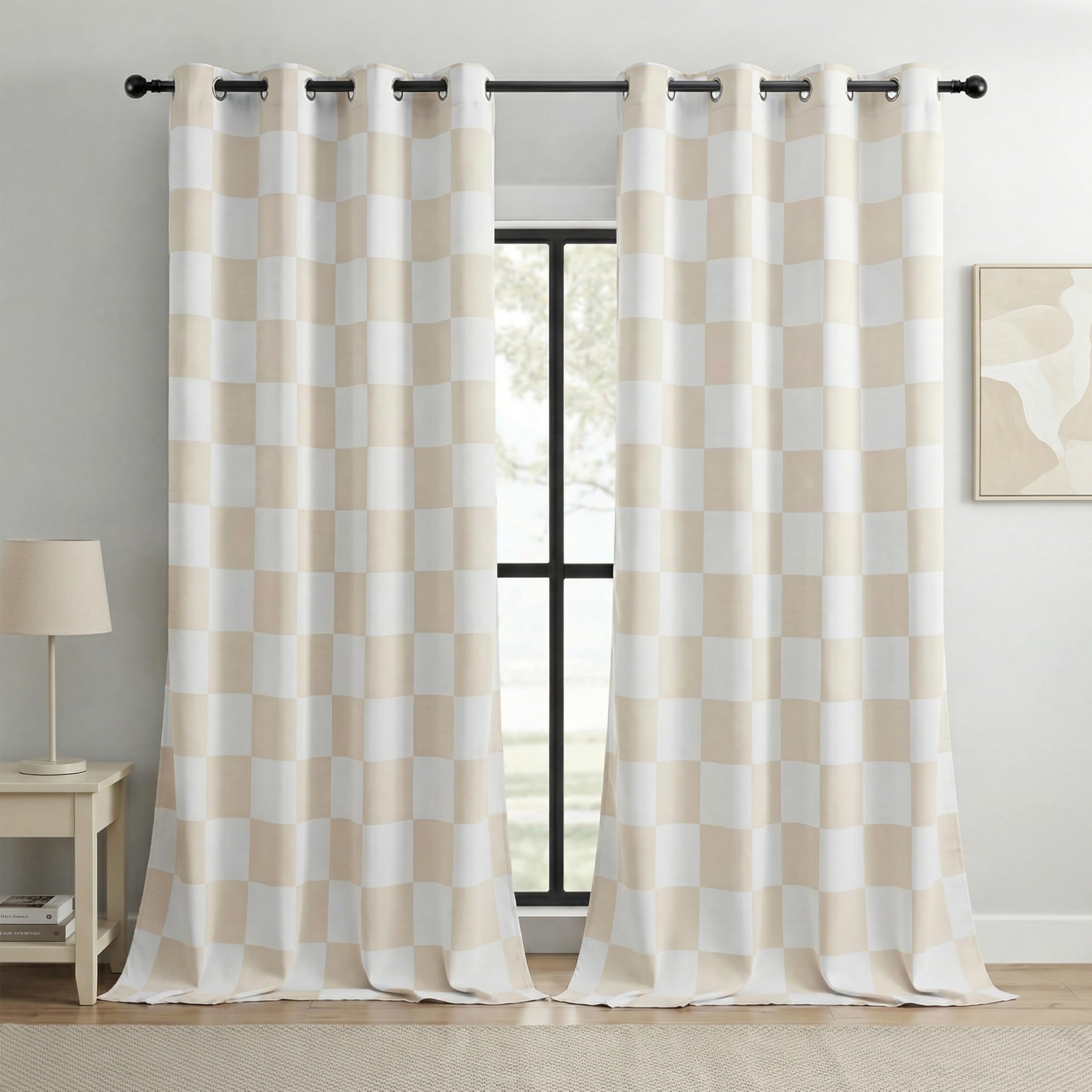 BOHOMOCASA 100% Blackout Checkered Curtains – 2 Panels, Each W52×L96, Thermal Insulated, Nosie Reducing for Bedroom, Modern Cream and White Checkerboard Design — image 1