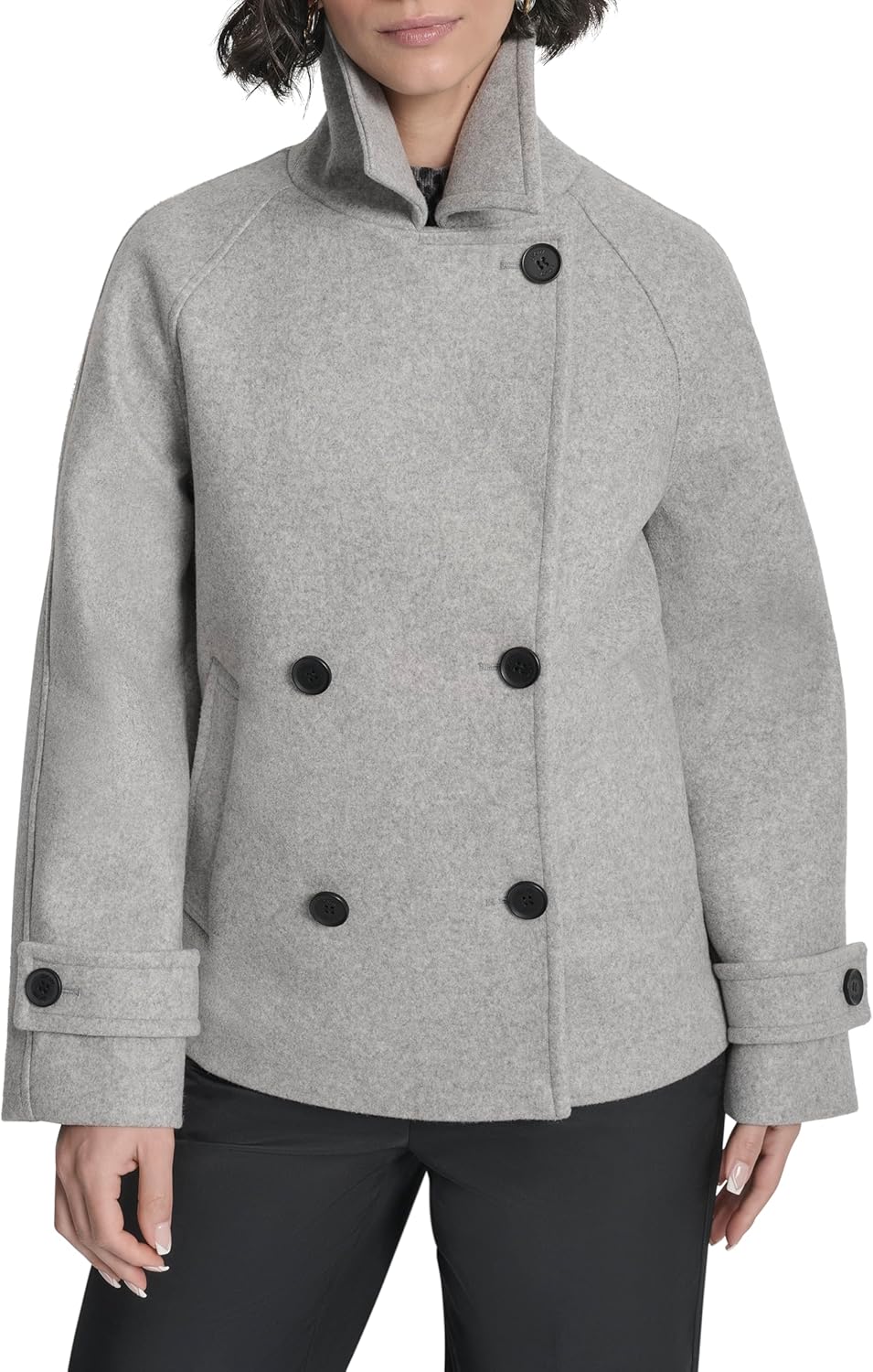 DKNY Women's Faux Wool Double-breasted Short Coat – Tailored Chic Winter Jacket