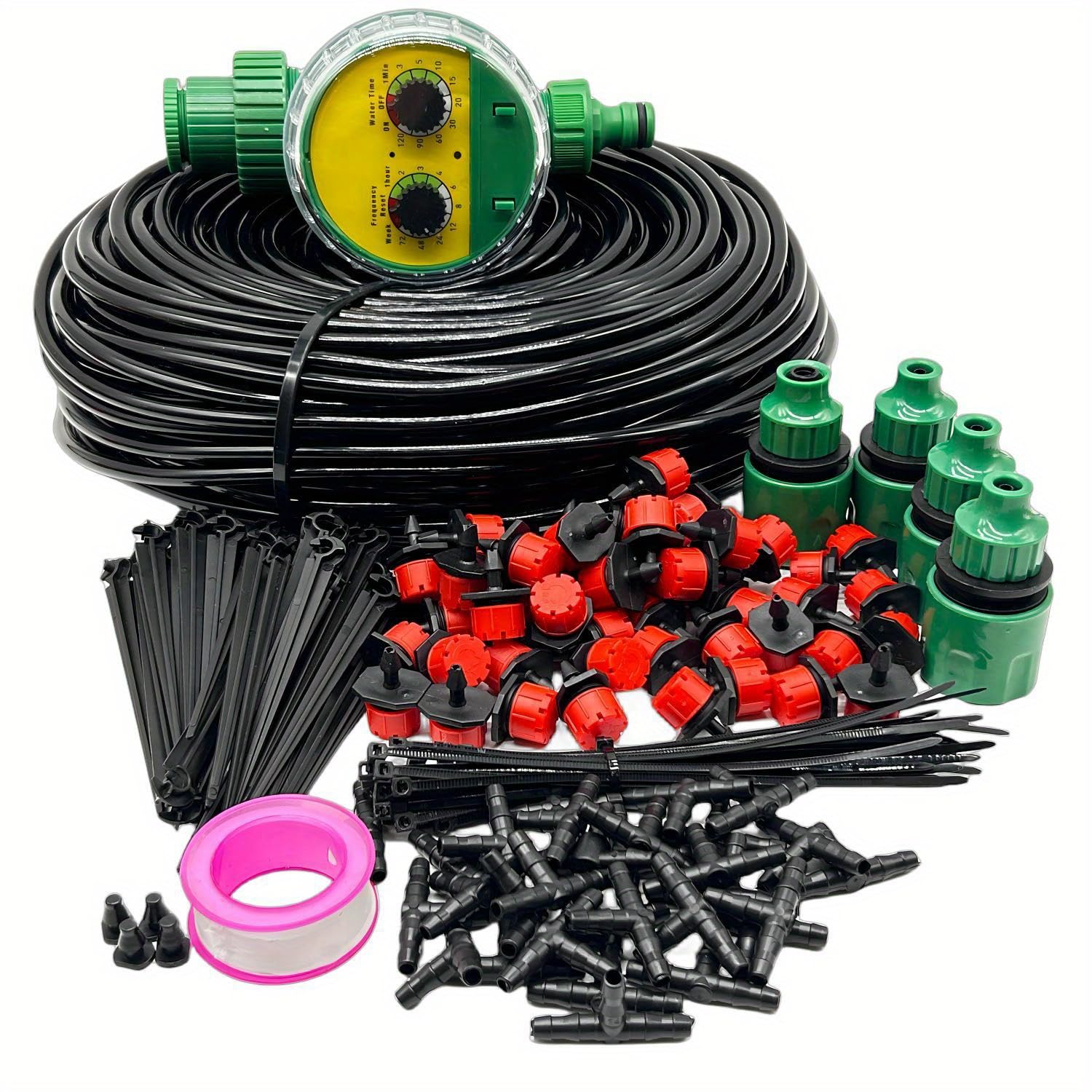 Kit de sistema de riego por goteo de 50 metros + temporizador, sistema automático de riego de jardín para invernadero, patio, césped, planta (kit de 50 m)
