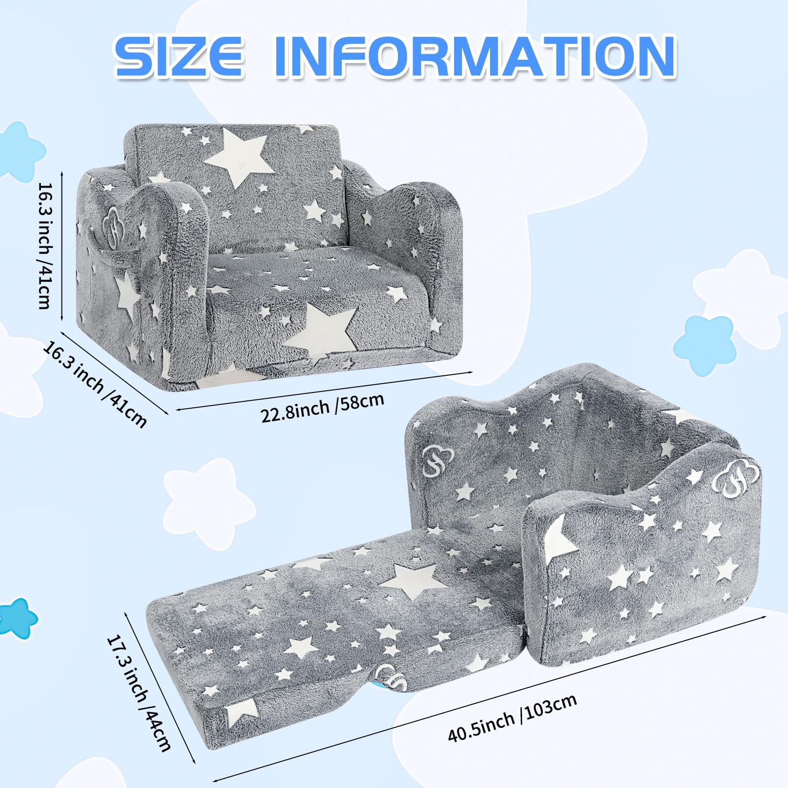 Sofá infantil 2 en 1 que brilla en la oscuridad, cómodo y suave y plegable para niñas y niños 4