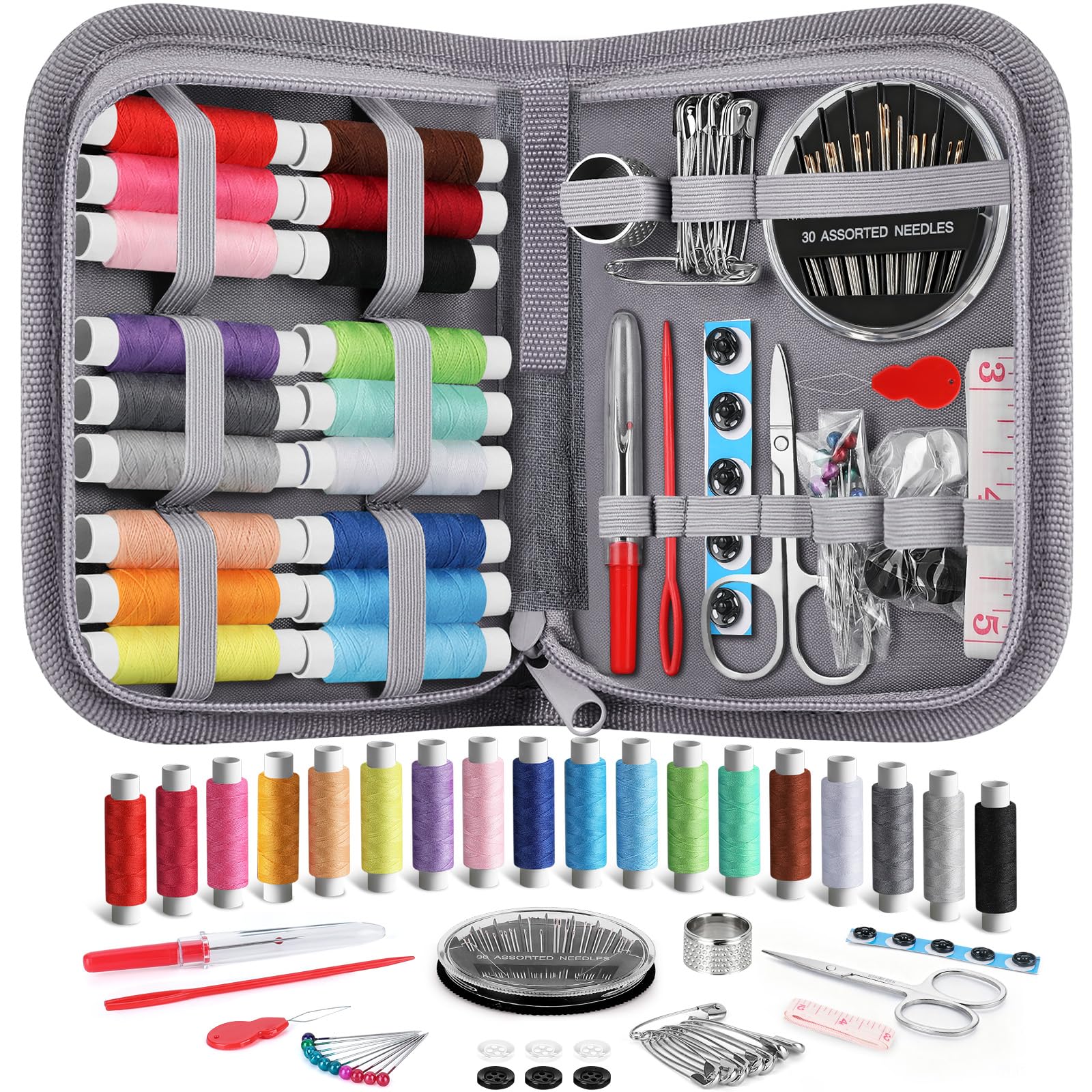 Coquimbo Sewing Kit for Adults, Kids, Beginner, Traveler, Portable Sewing Supplies Contains Soft Tape Measure, Scissors, Thimble, Thread, Sewing Needles (Gray, M)