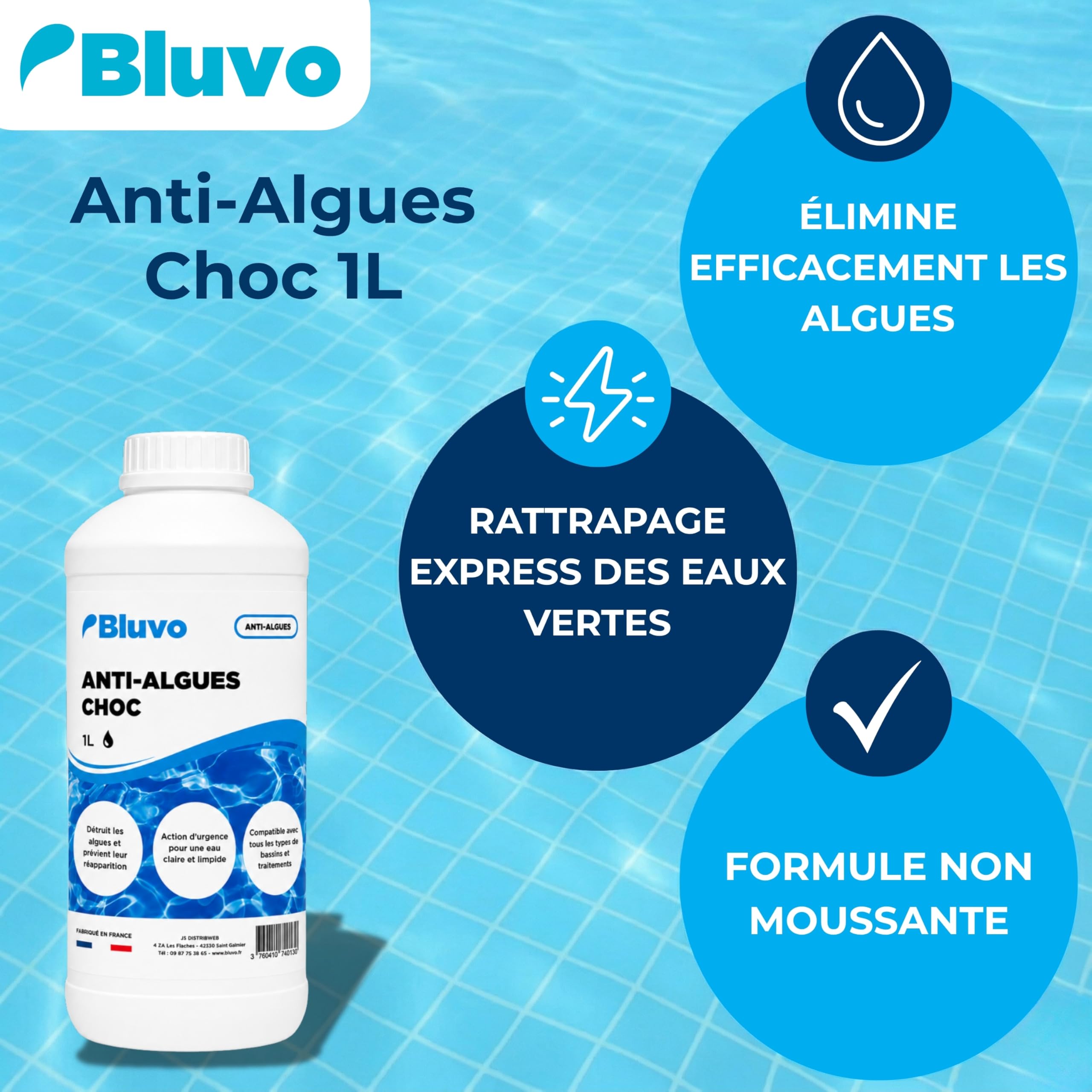 Algicide Anti-Algues Choc Piscine 1L | Rattrapage Eau Verte & Eaux Troubles | Double Action Préventive & Curative | Stop Algues pour Piscine et Spa