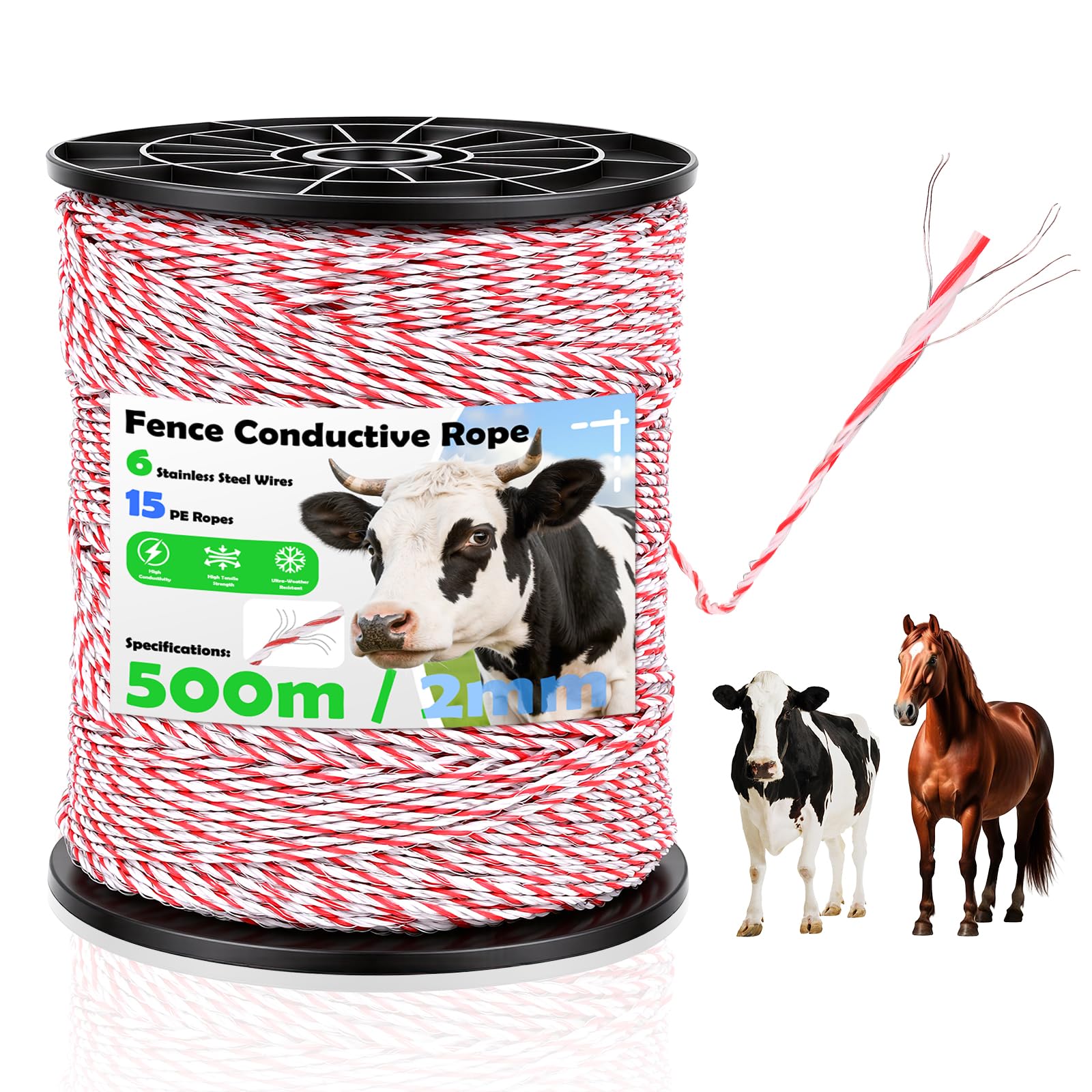 Corda per Recinzione 500 m, 2 mm 6 Trefoli Acciaio Inossidabile, Corda Resistente, Alta Conduttività Cavo per Recinzione per Cani, Cavalli, Bovini, Pecore (Bianco-Rosso)