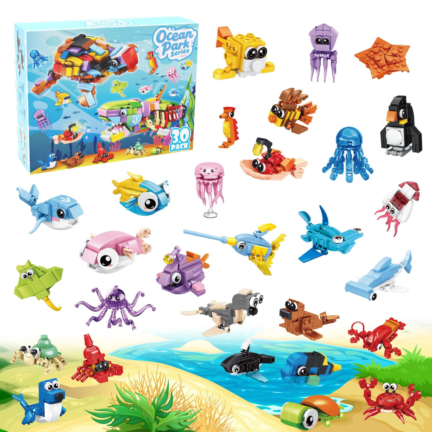 30 Packs Ocean Party Favors for Kids 895 PCS Mini Marine Animals Building Blocks for Goodie Bag Stuffers Bulk Classroom Prizes Valentines Treat Easter Basket Birthday Gifts for Boys Girls Ages 6-12