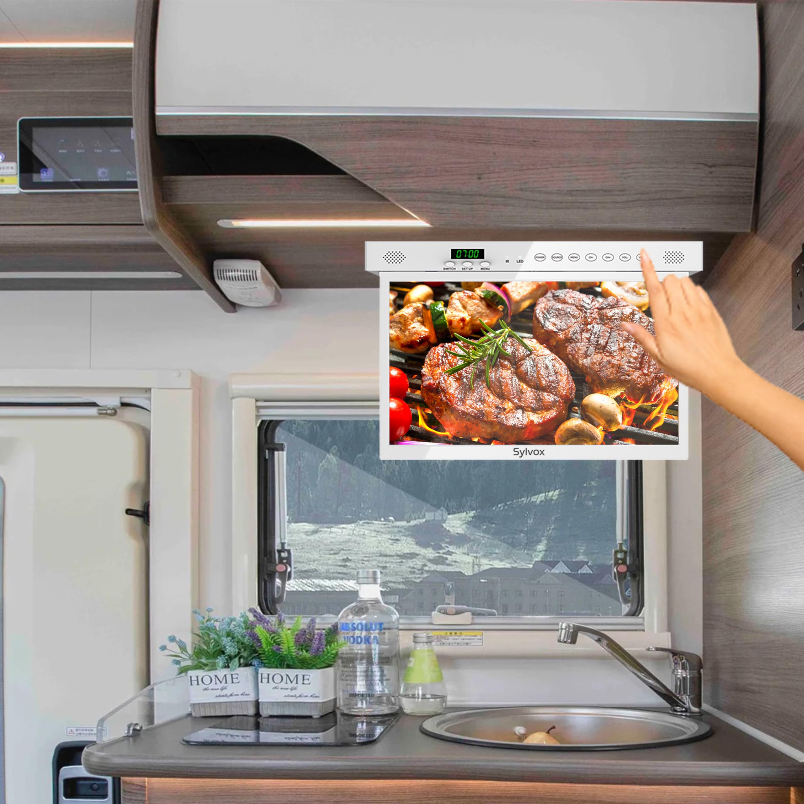 SYLVOX TV de Cocina Plegable 15.6", 90° Ajustable, 1080P, Smart con Google TV,12V Mini Televisor con Rotación 360° | DVB-C/S2/T2 | Wi-Fi | Bluetooth | para Cocina, Camping, Dormitorio(Blanco)