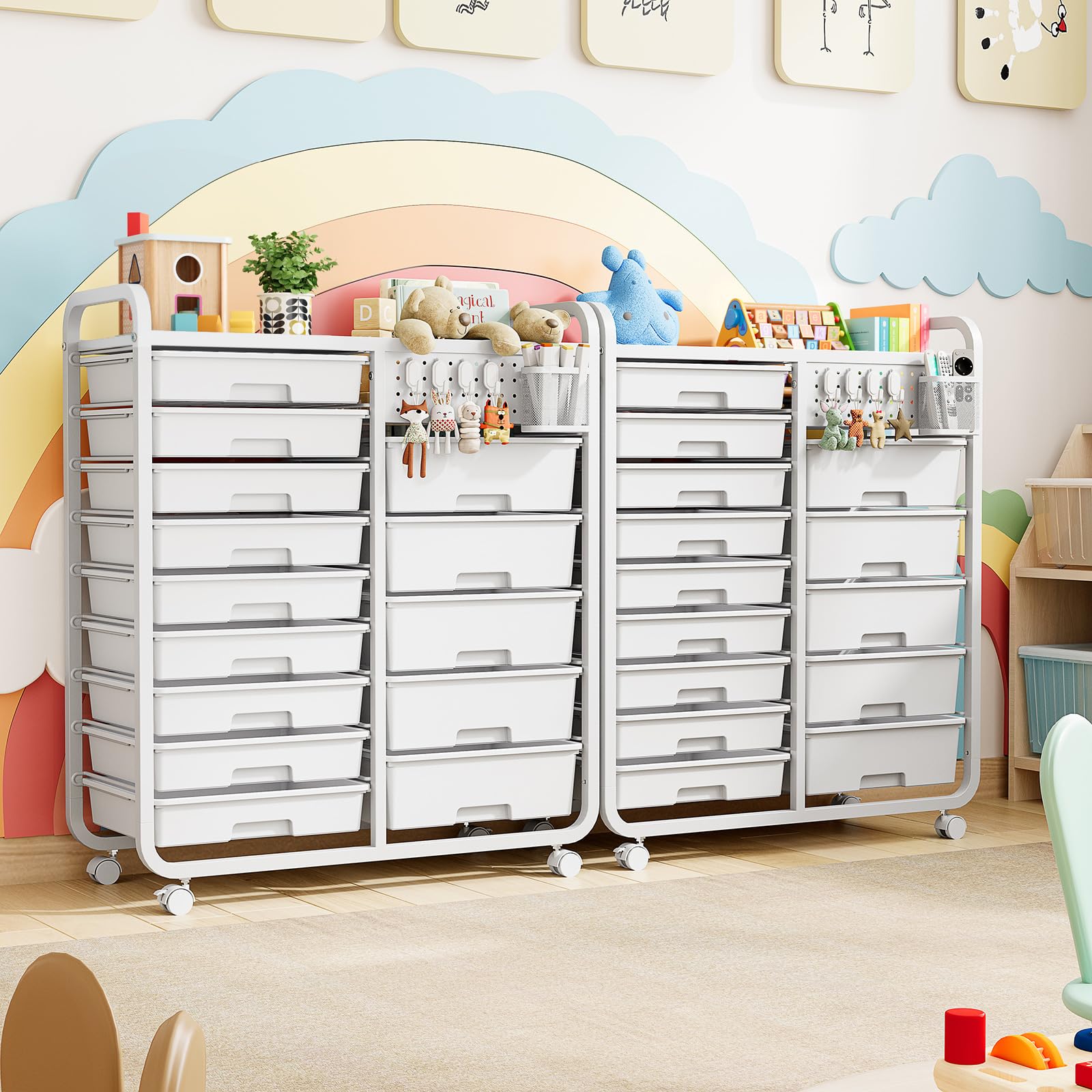 Chariot de rangement à 14 tiroirs avec plateau perforé - Chariot à roulettes pour salle de bain - Chariot à tiroirs avec roues et poignées pour atelier, bureau, cuisine - Blanc