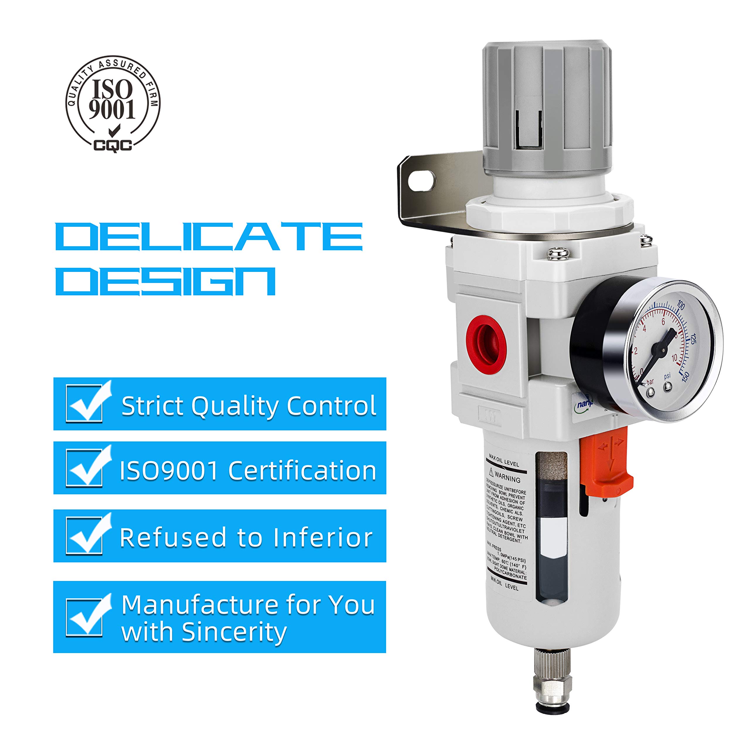 Filtro Regolatore Aria Compressa NANPU 1/2” BSPP – 0-10 Bar Con Manometro, Scarico Semiautomatico E Staffa In Metallo