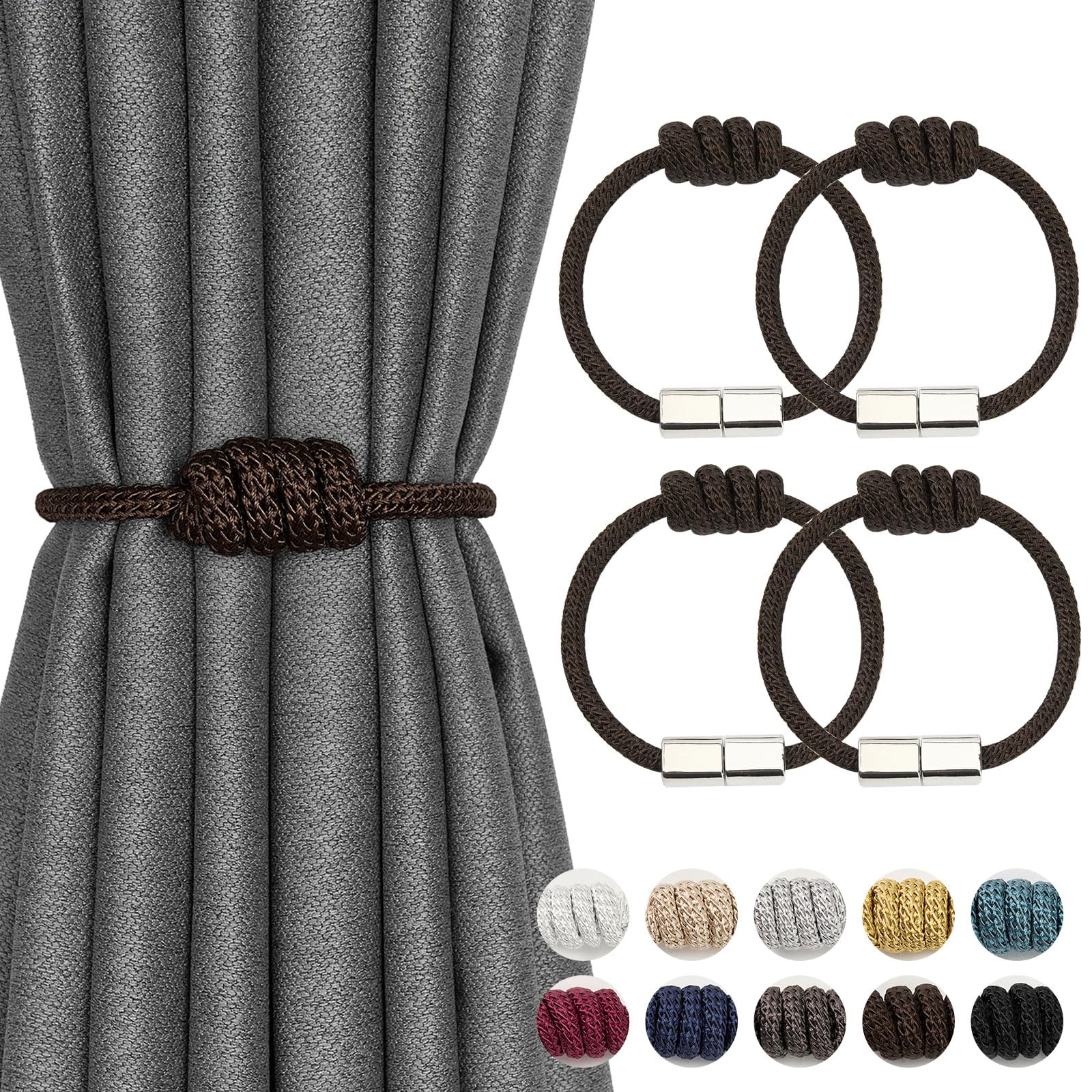 Pretty Jolly 4 Pack Mini Magnetic Curtain Tiebacks Modern Simple Style Drape Tie Backs Elegant Hand Weave Rope Knot Decorative Curtain Holdbacks for Home & Office Window Drapery (Coffee)