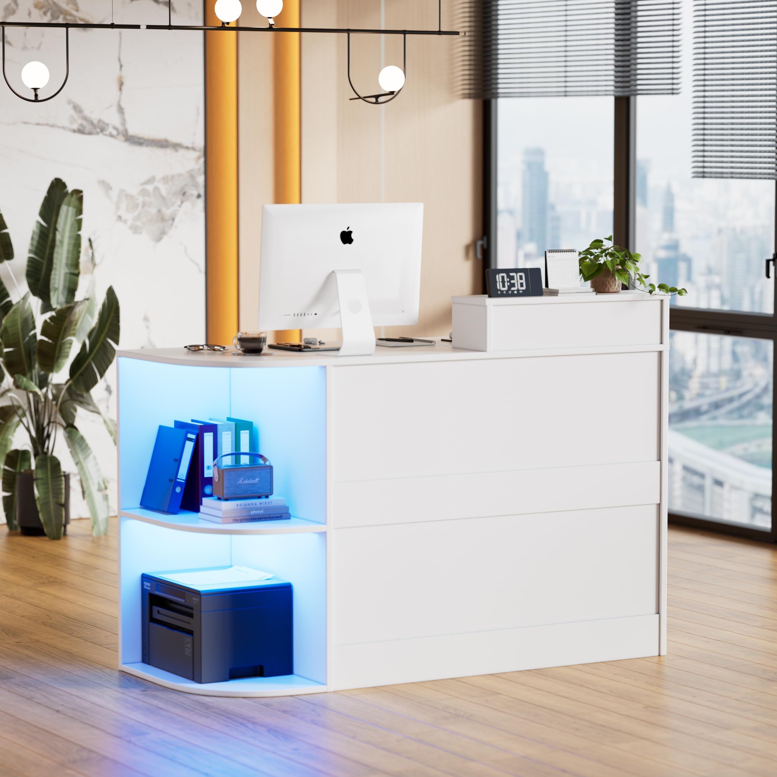 Mesita de recepción con iluminación LED, mostrador de recepción con cajones con cerradura, estante de exposición y bandeja para teclado, mesa de recepción moderna para salón, tienda, hotel, oficina