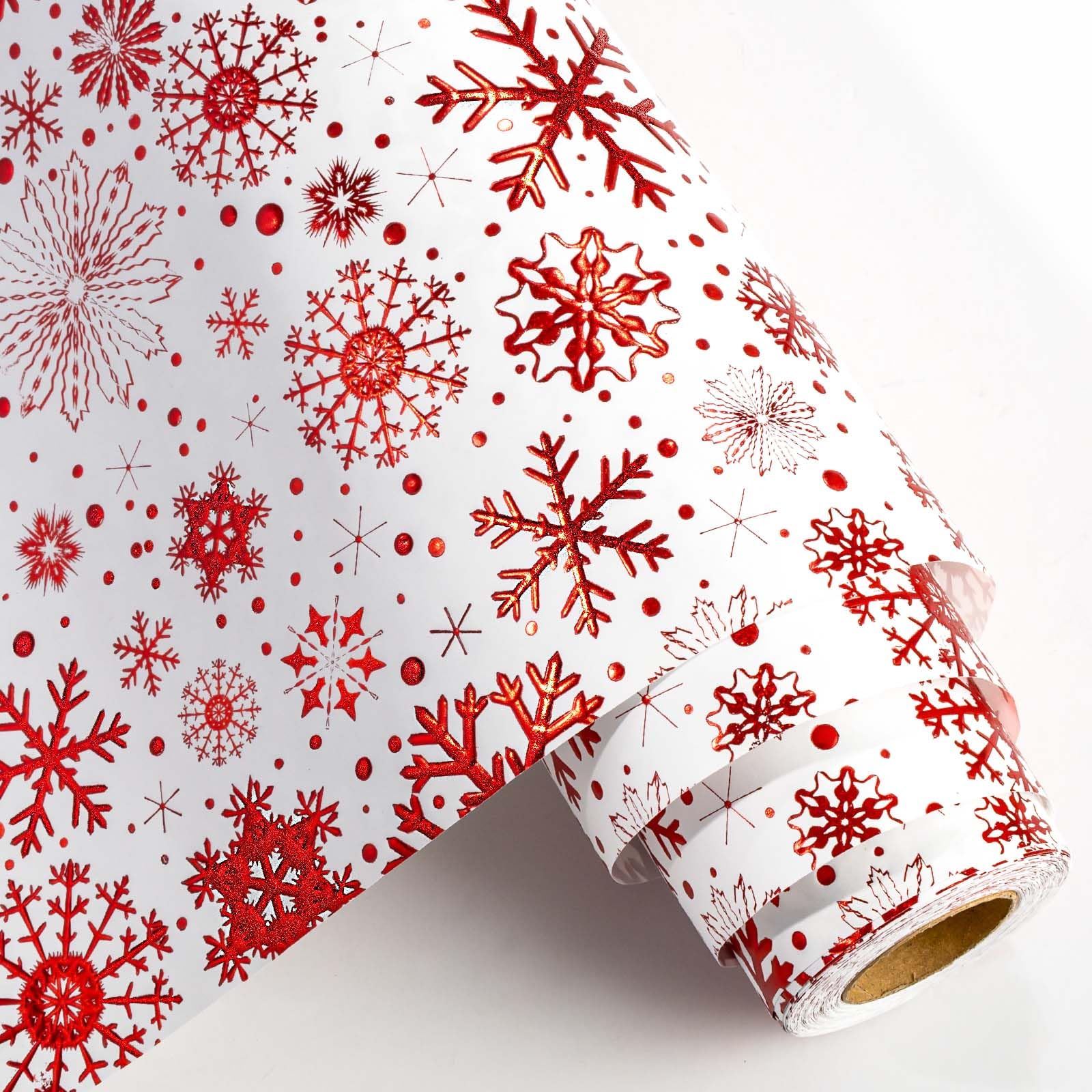Yarcony Kraft Snowflakes Wrapping Paper Roll, Christmas Wrapping Paper, Elegant 3D Embossed Red Festive Snowflake Theme Christmas Gift Present Wrap for Holiday, Party (17 Inch X 33 Feet) โ image 1