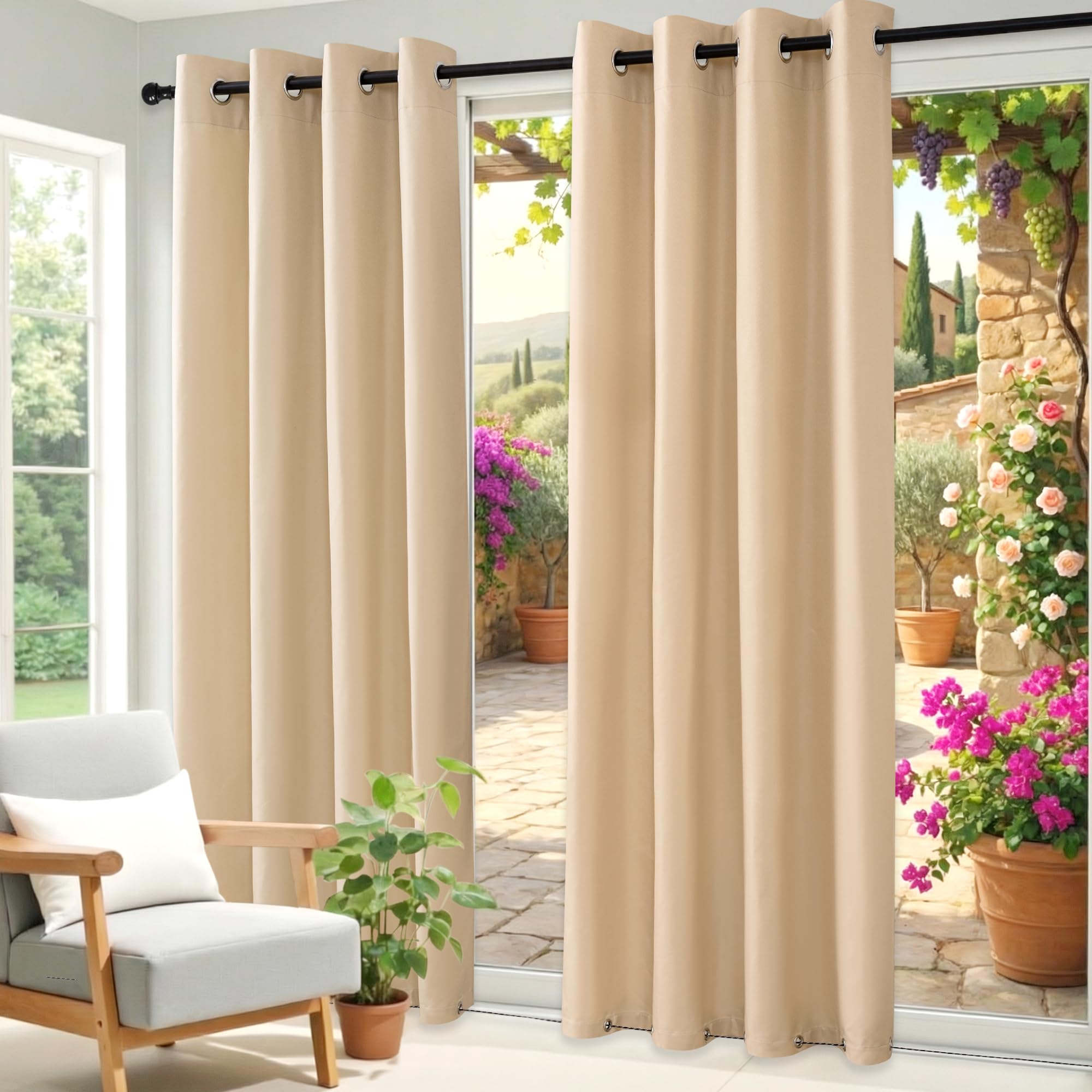 Clothink Outdoor Vorhänge Wasserfest Sonnenschutz Winddicht Rostfrei Schnelltrocknend mit Ösen für Terrasse Garten Balkon Familienhaushalte einfache Montage farbecht haltbar(132x215cm, 1 Stück, Beige)