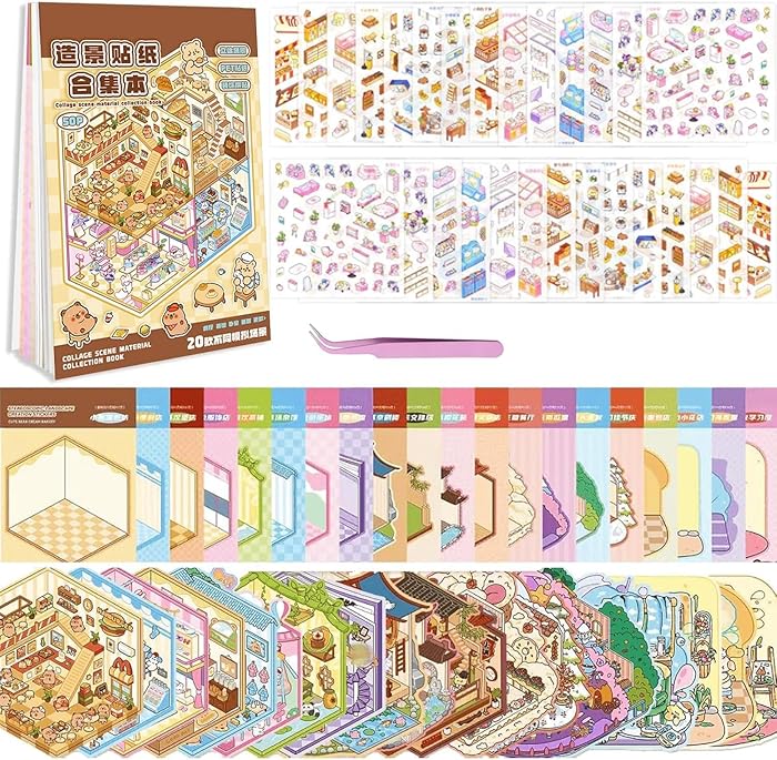 20 Pièces Sets 3D House Sticker Scene Kit, Autocollant Scene, Sticker Therapy, Stress Relief Autocollant Scene, 30 PET Autocollants, 20 DIY Miniature House, 1 Pincette, pour Adulte Enfants Adolescent