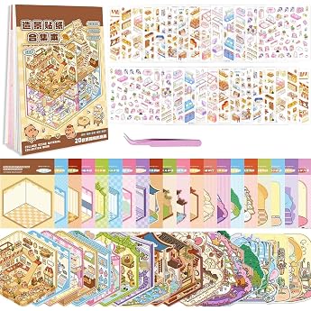 Pack of 20 3D Scenes Sticker Book for Adults Children Sticker Scene Book Miniature House Room Scene Sticker Therapy DIY Sticker Book House with Sticker Room Tweezers for Girls and Boys