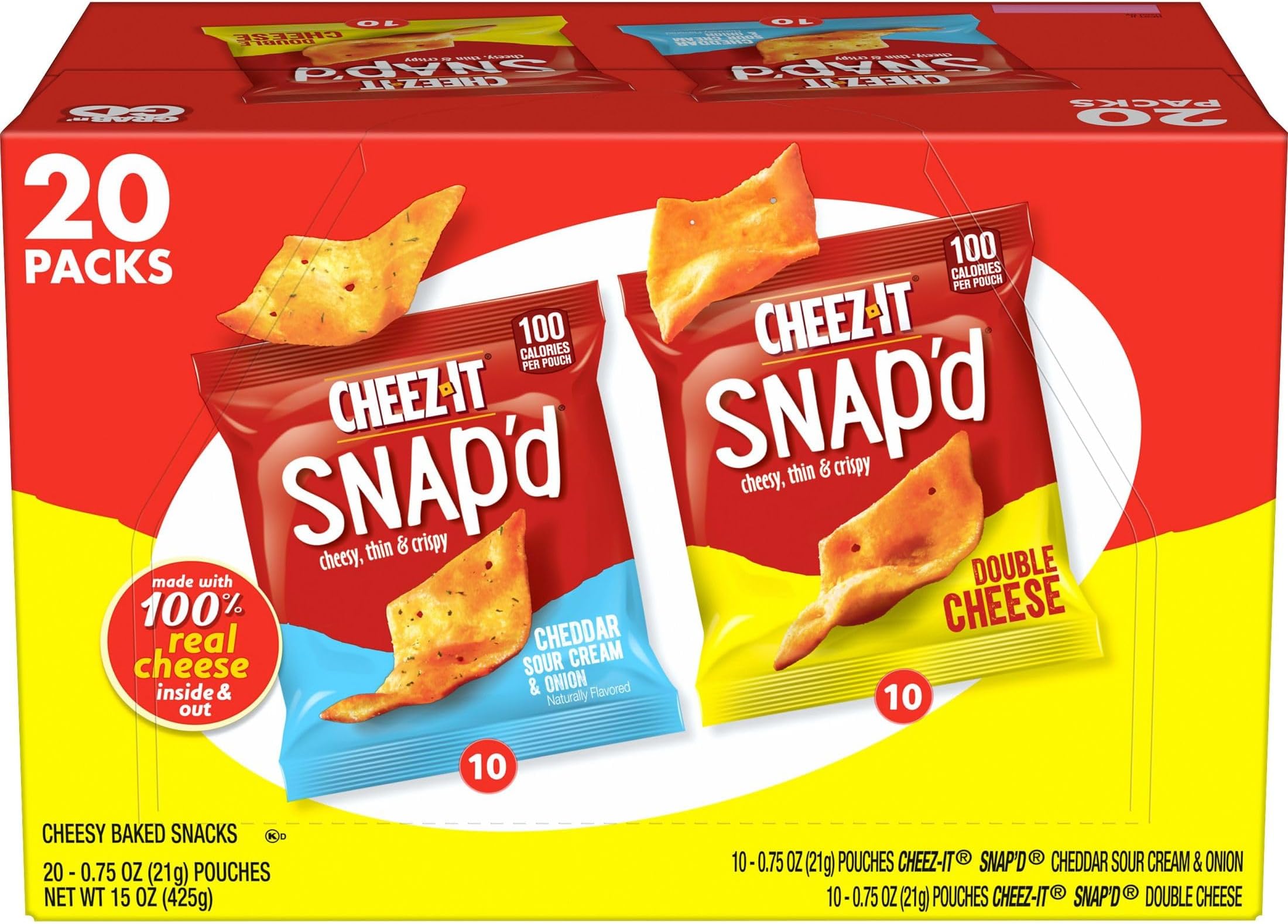Snap'd Cheese Cracker Chips, Thin Crisps, Lunch Snacks, Variety Pack, 15oz Box (20 Packs)